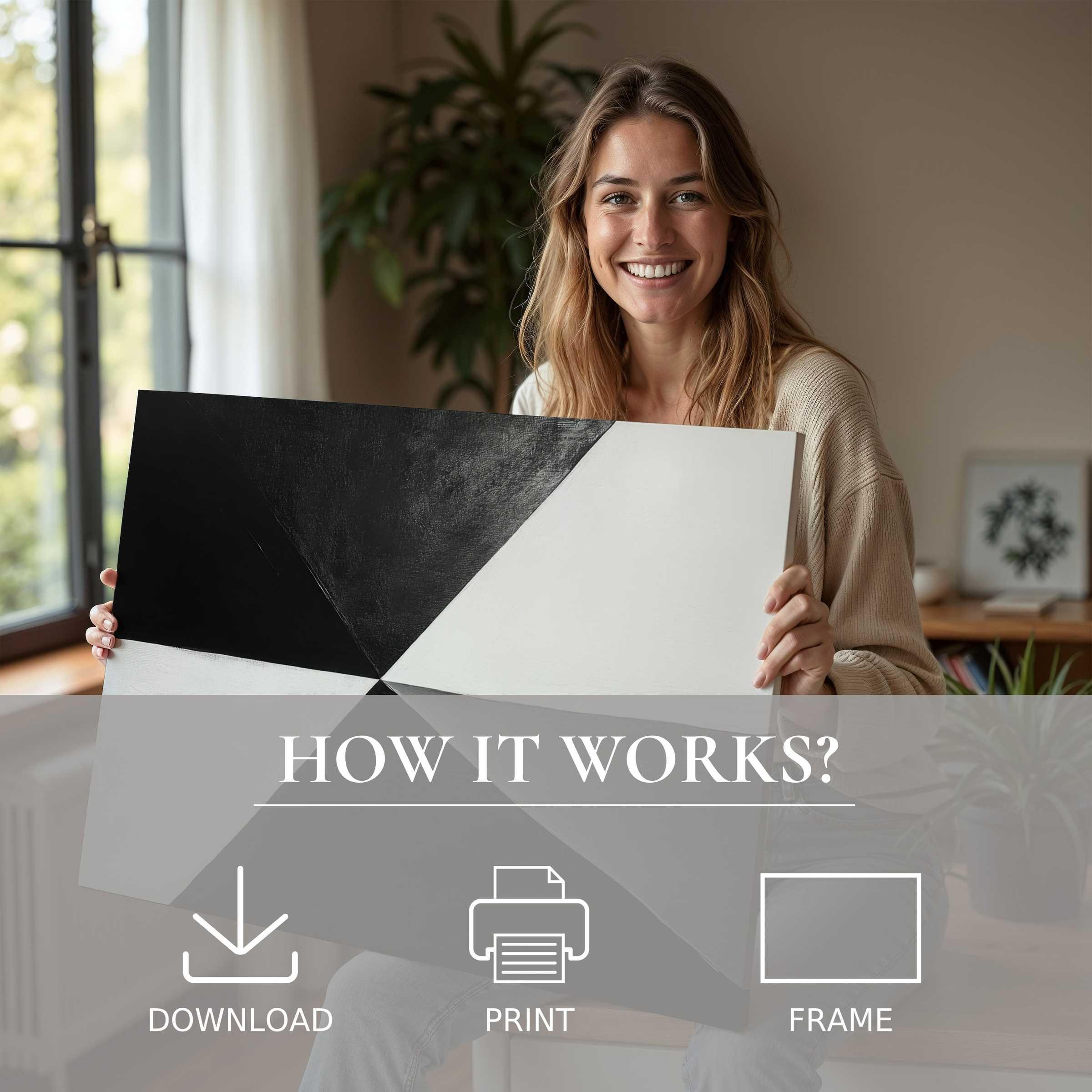 A radiant woman in a serene, modern living space shares a striking modern digital art print, blending effortless elegance with the joy of bringing abstract art into everyday life