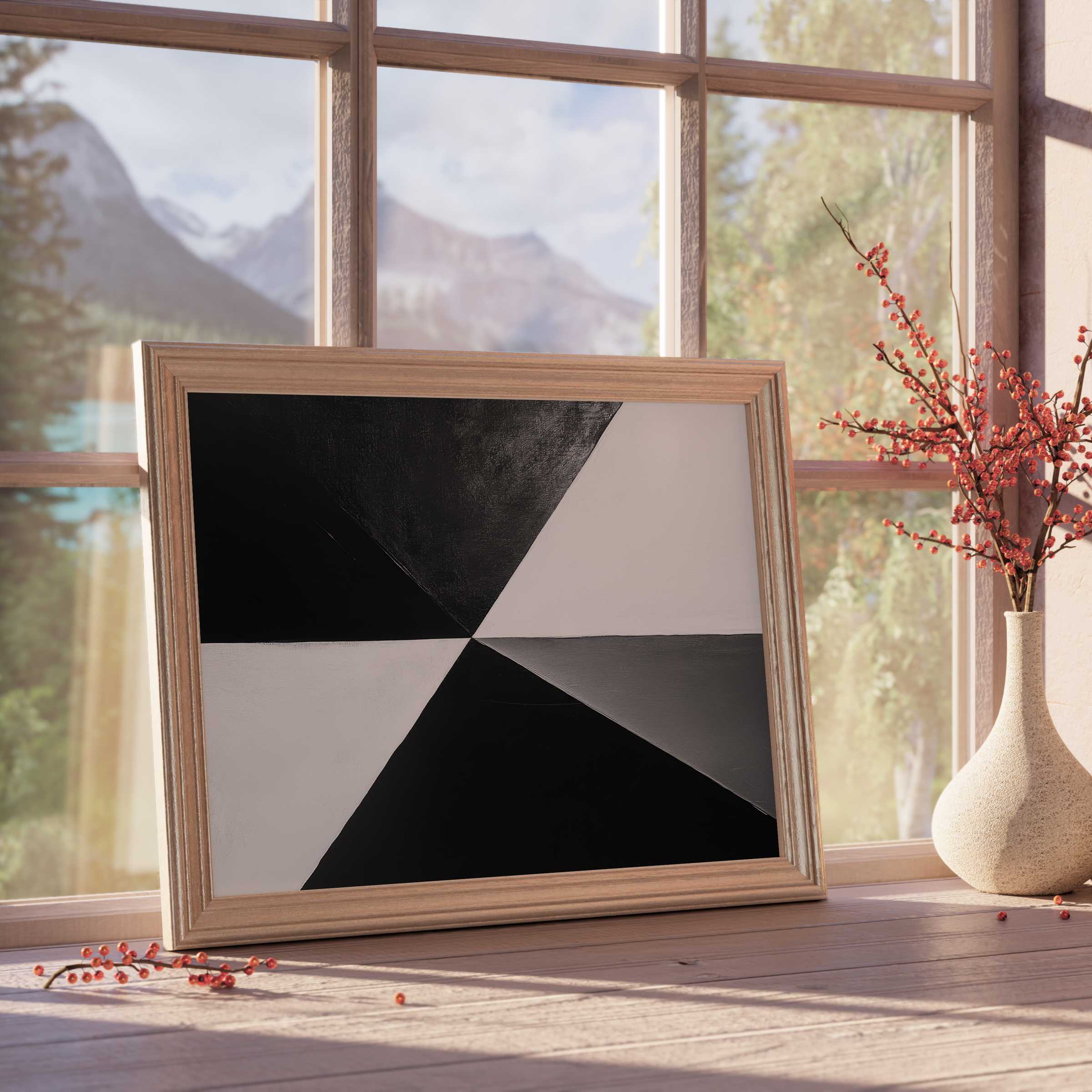 Modern downloadable art featuring bold black and white geometric design, enhancing curated, tranquil interiors with contemporary elegance