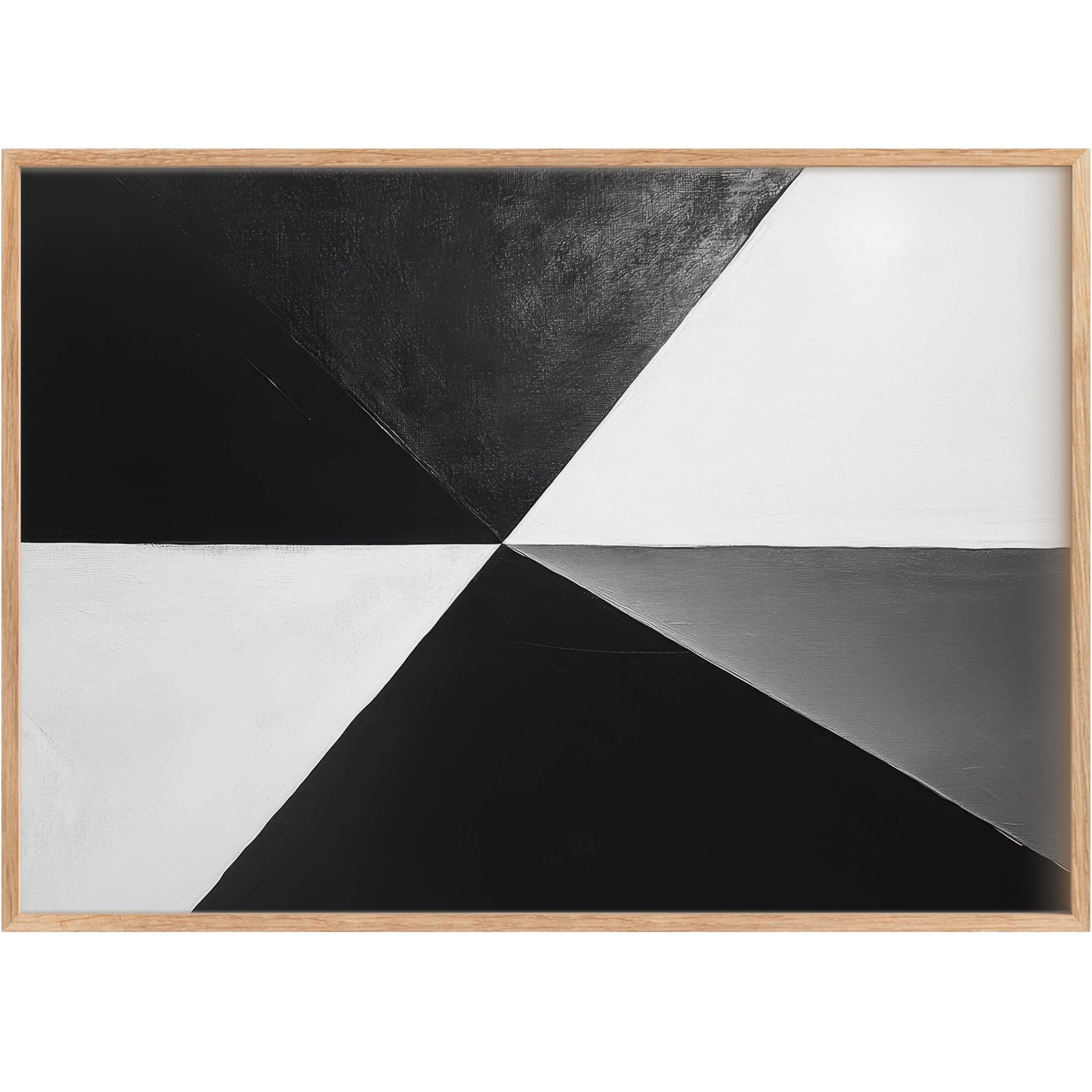 Modern printable wall art featuring bold black, white, and gray geometric triangles, evoking a sophisticated, striking ambiance that elevates chic interiors