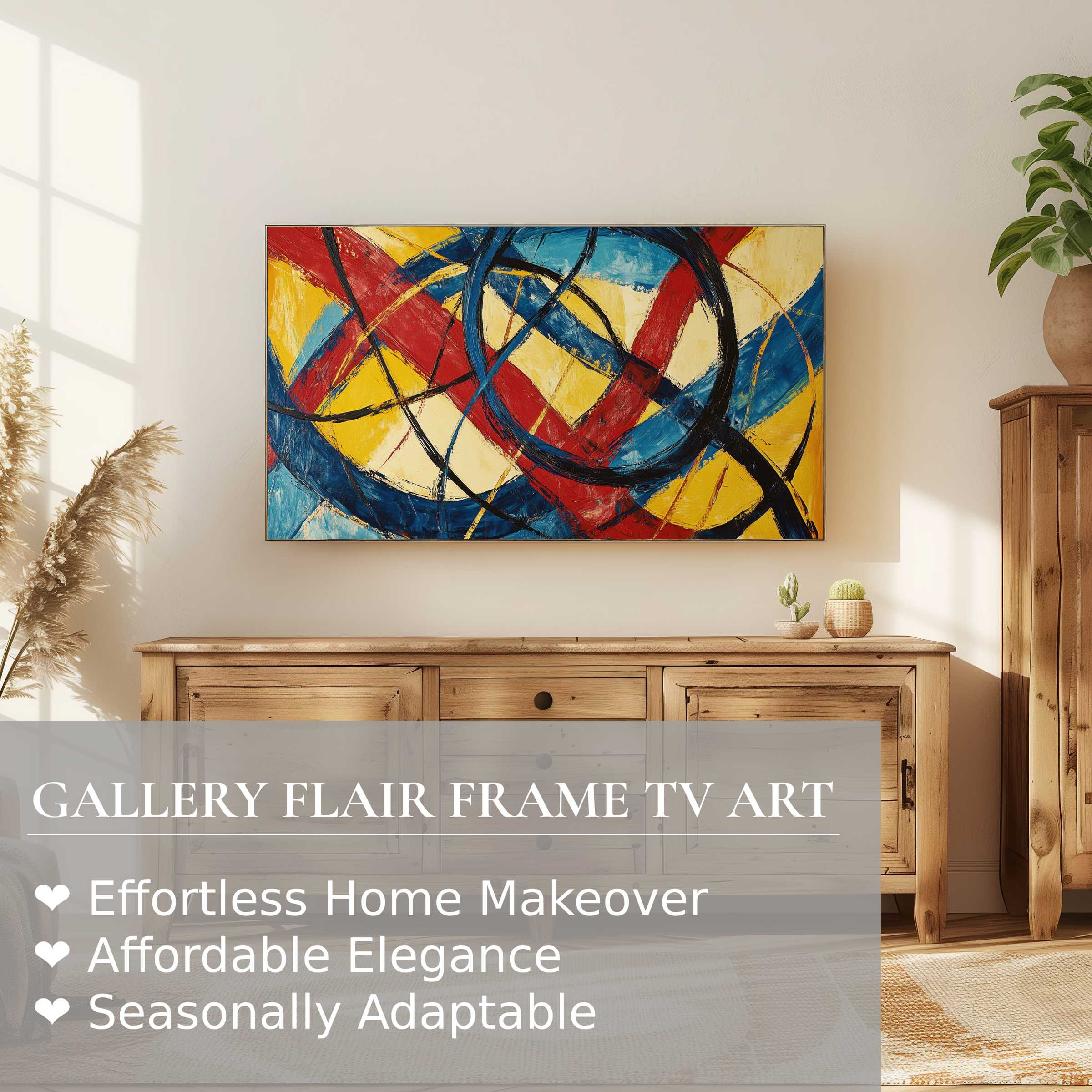 Samsung Frame TV displaying vibrant abstract digital artwork, enhancing modern, elegant home decor with dynamic colors