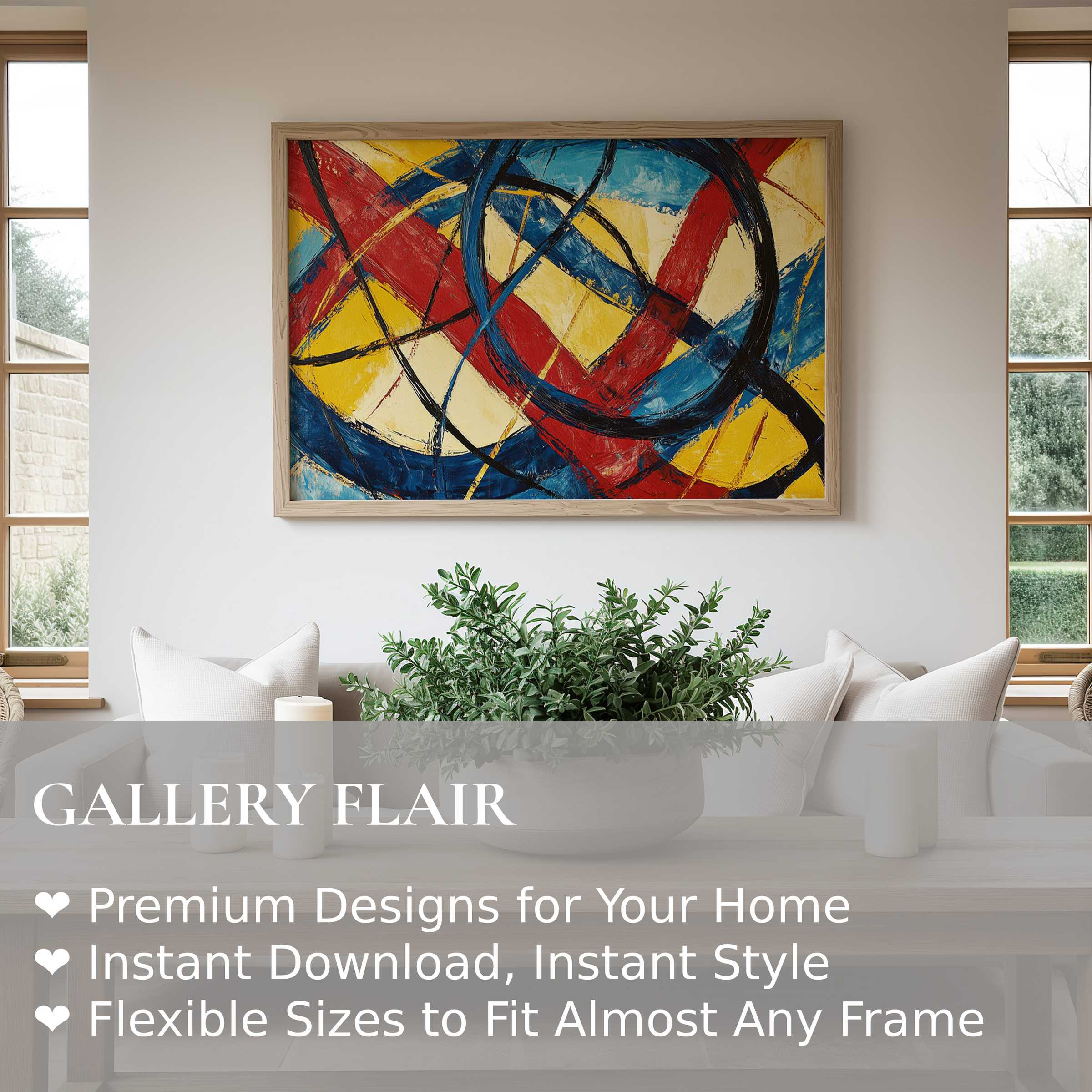 Abstract wall art print in bold red, blue, and yellow hues energizes a minimalist living room with dynamic modern elegance and vibrant flair