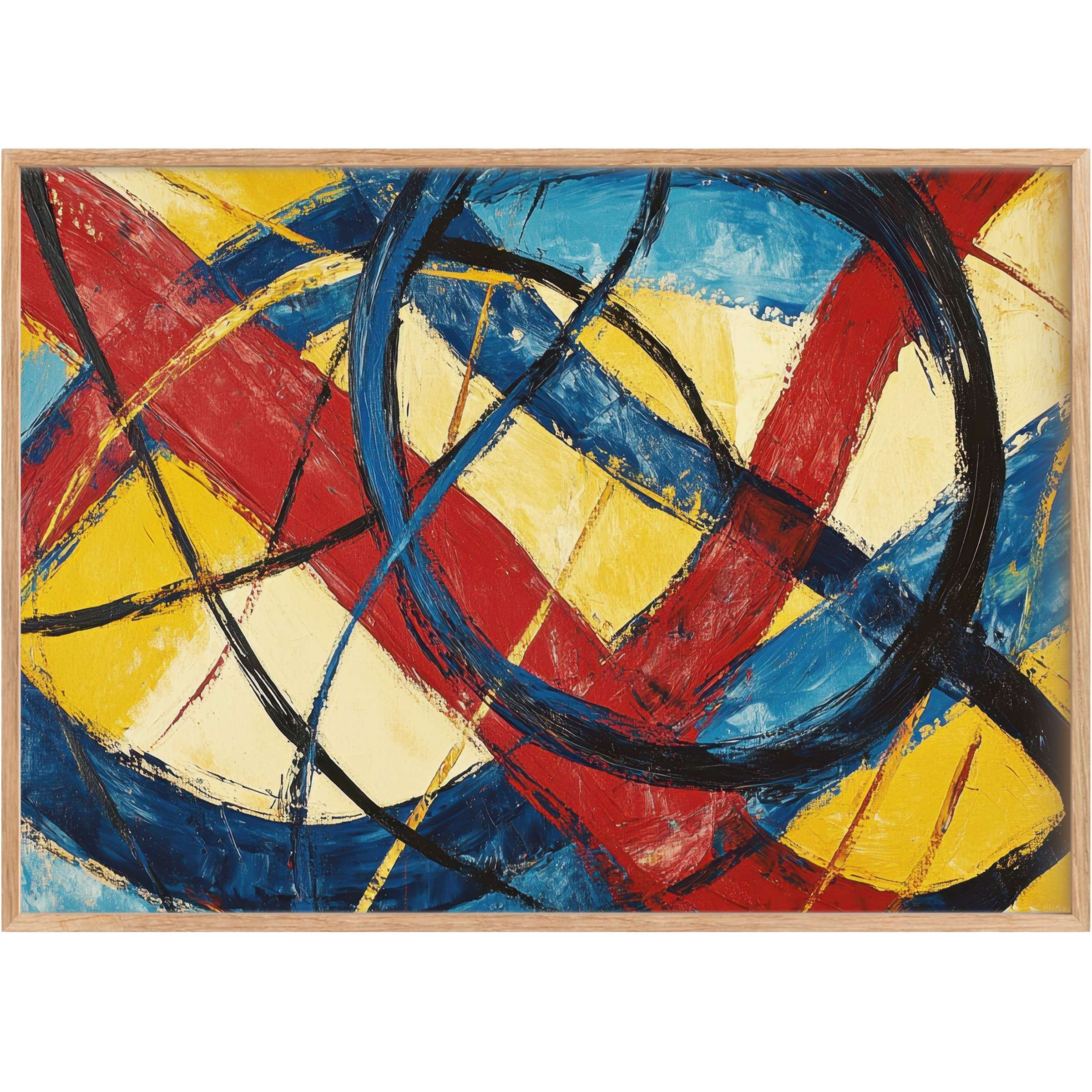 Dynamic abstract printable wall art blending bold reds, vibrant yellows, and deep blues, energizing interiors with modern sophistication