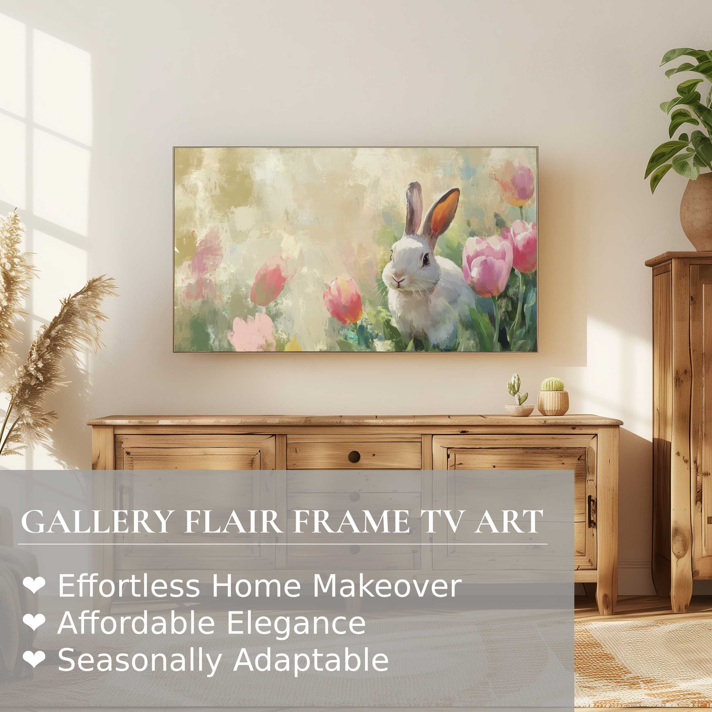 Elegant easter digital artwork of a rabbit and tulips on Samsung Frame TV in a warm, modern living room setting
