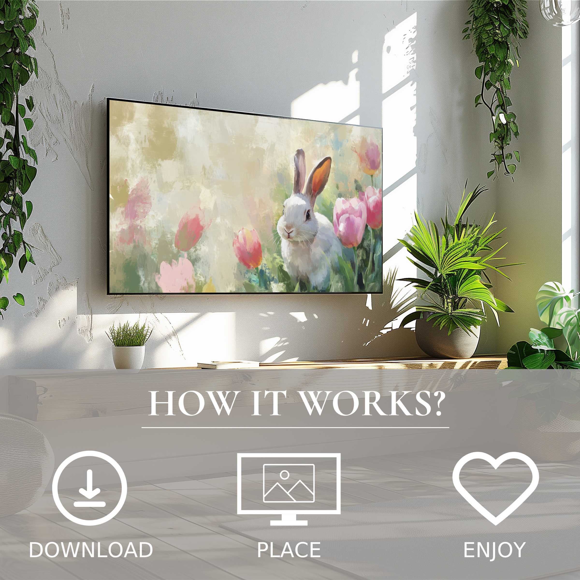 Easter art for Samsung TV shows soft pastel tulip hues with a white bunny, easy digital download enriches modern living