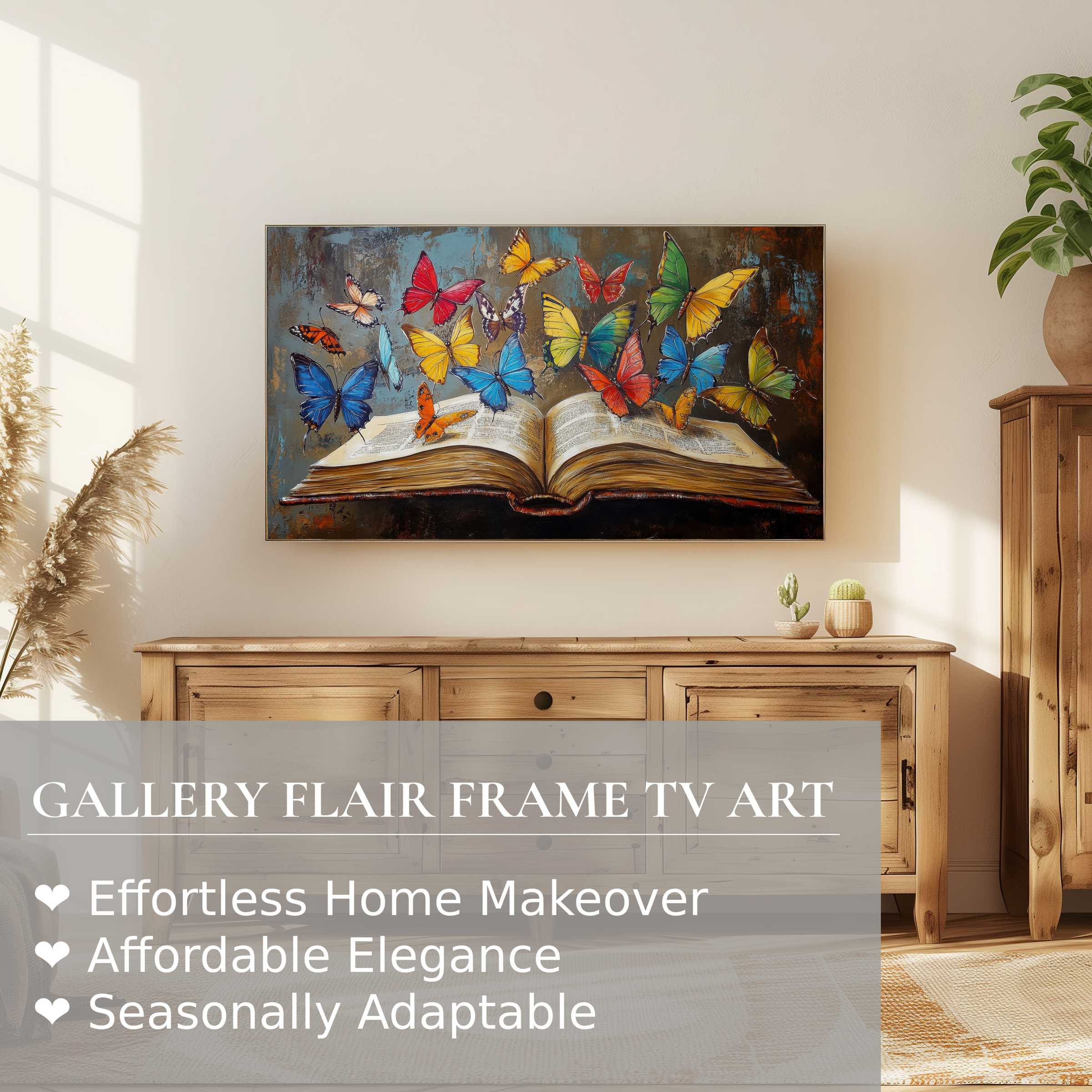 Samsung Frame TV displaying vibrant street art digital artwork of butterflies emerging from an open book in a modern living room