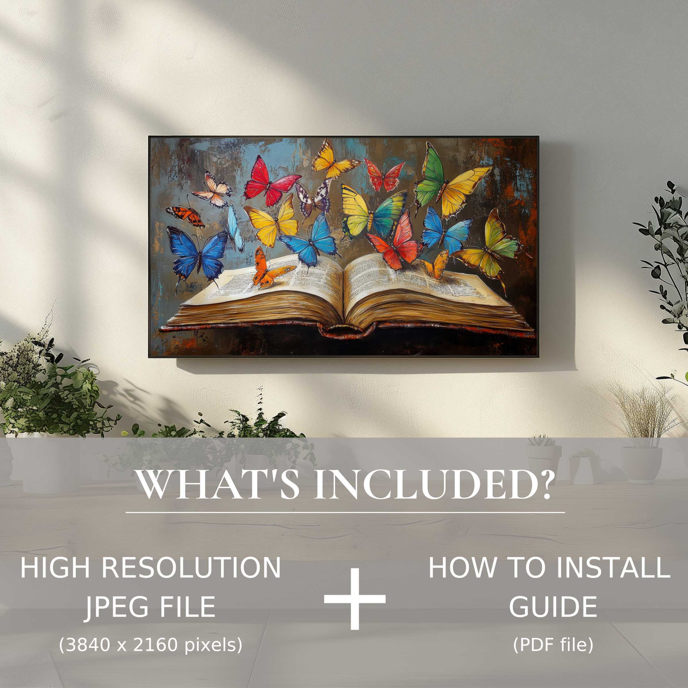 Elegant living room with vibrant butterflies on book; street art digital TV art download, easy digital use enhances space