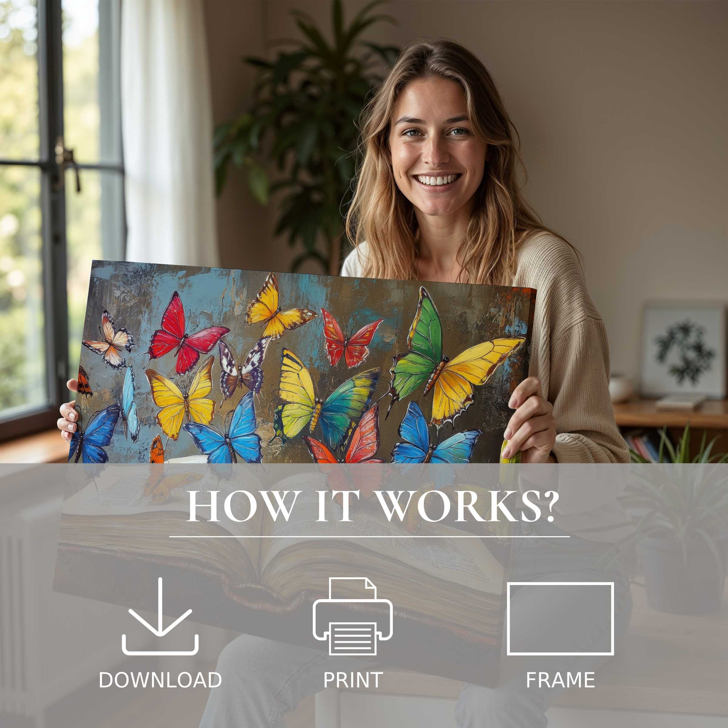 Radiant street art digital art print in vibrant butterfly hues, inviting serene joy and effortless elegance to modern living spaces