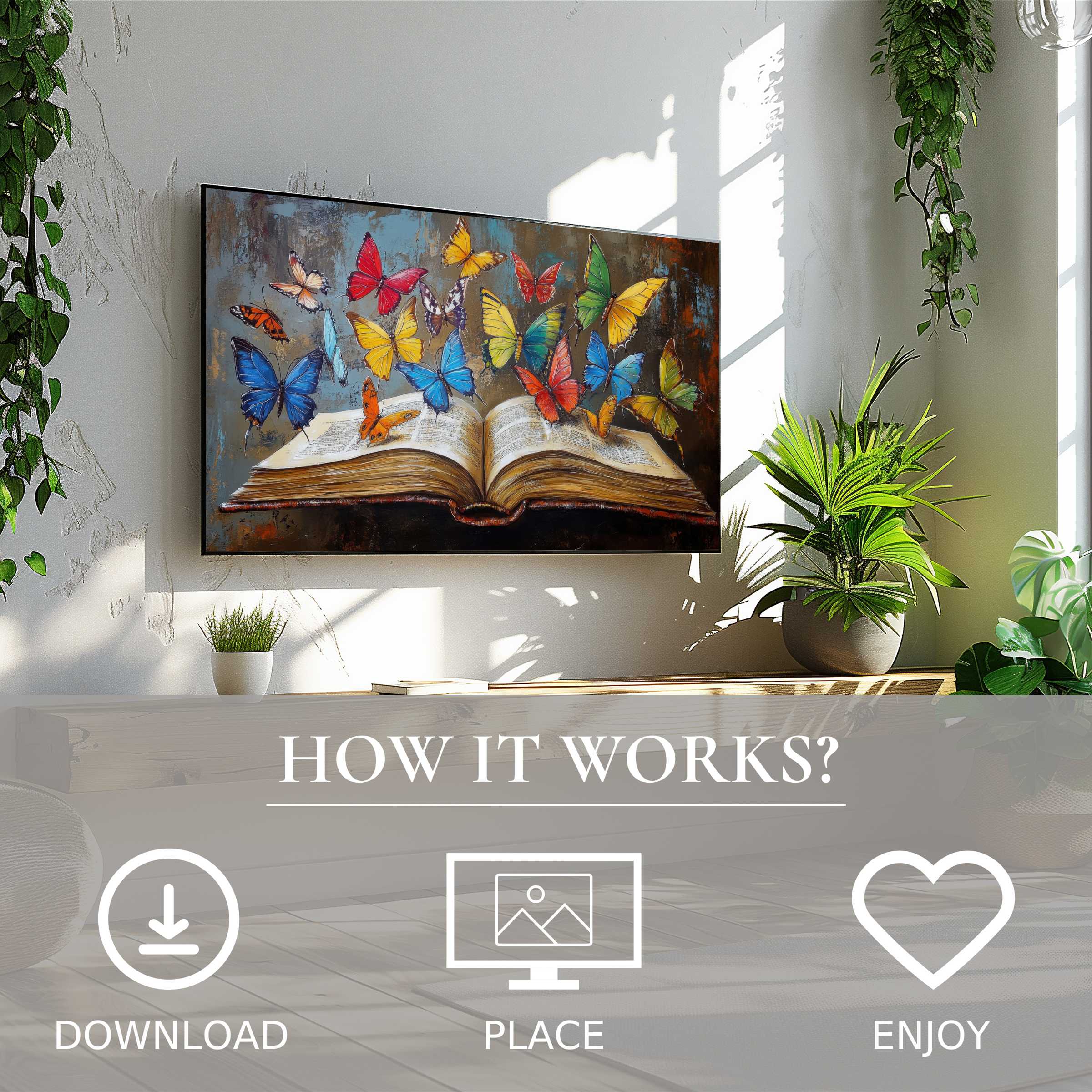 Modern living room with vibrant butterfly motif on Frame TV; easy digital download street art for Samsung TV enhances decor
