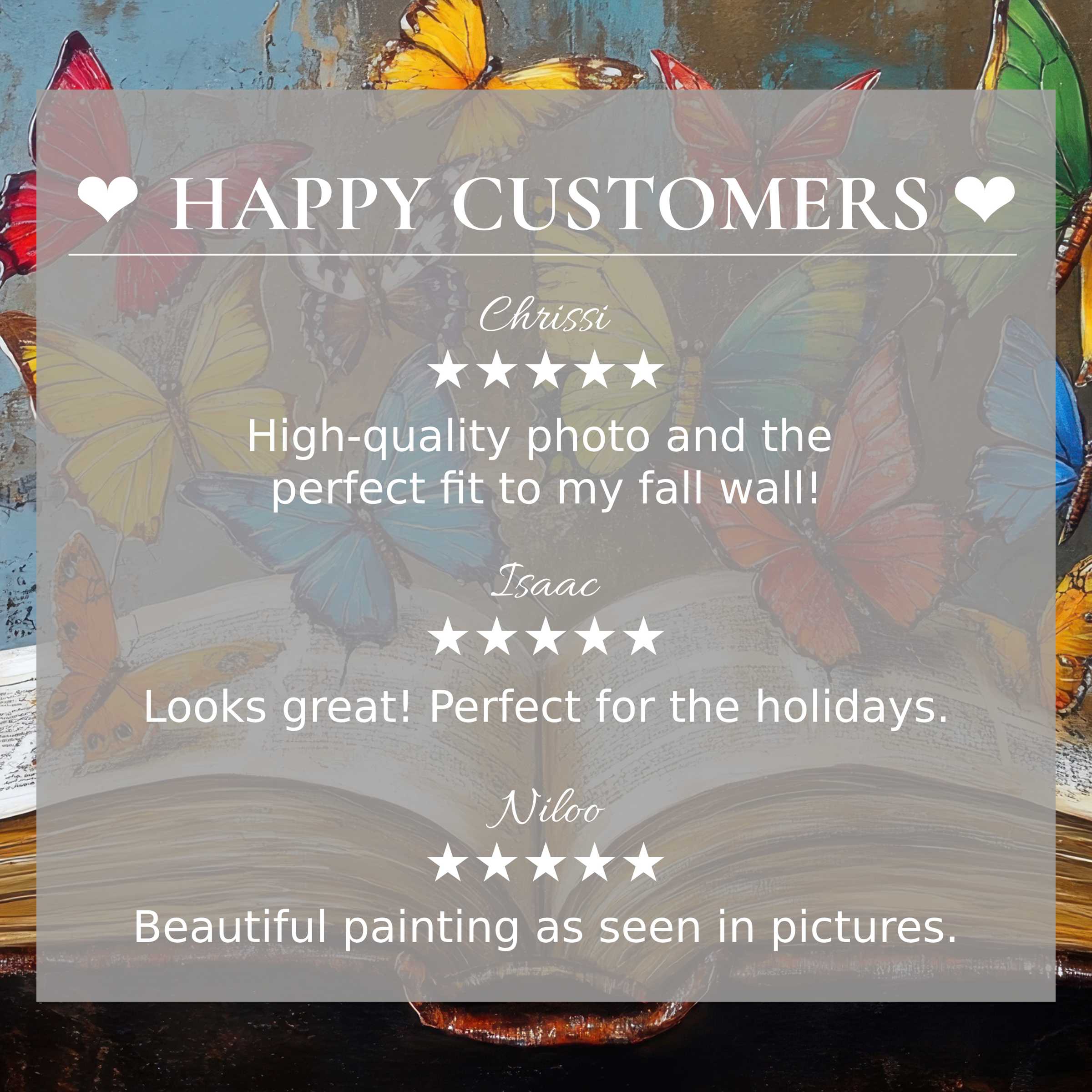 Street art for Frame TV with vibrant butterfly background, showcasing happy customer reviews and refined product trust