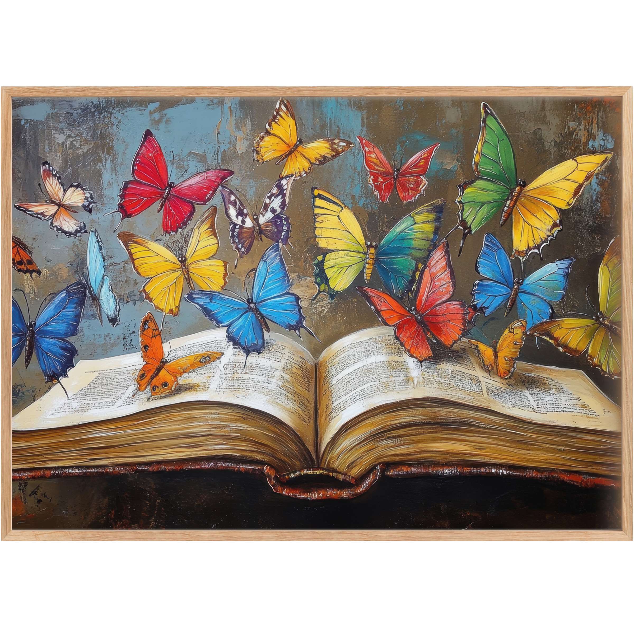 Vibrant street art printable wall art with colorful butterflies emerging from an open book, evoking a bold, uplifting atmosphere
