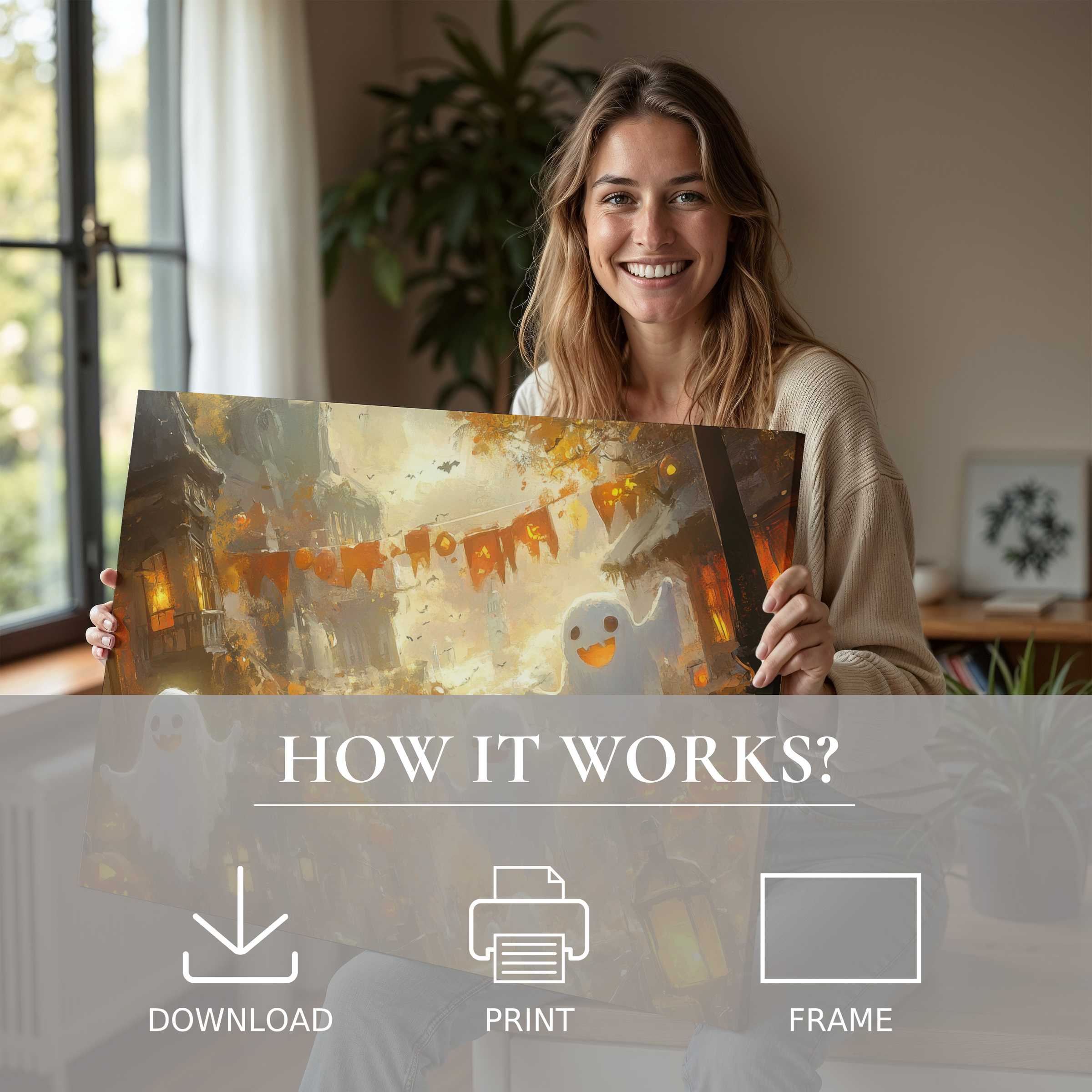 Radiant joy in a modern home as warm Halloween digital art print invites serene, timeless connection through effortless elegance