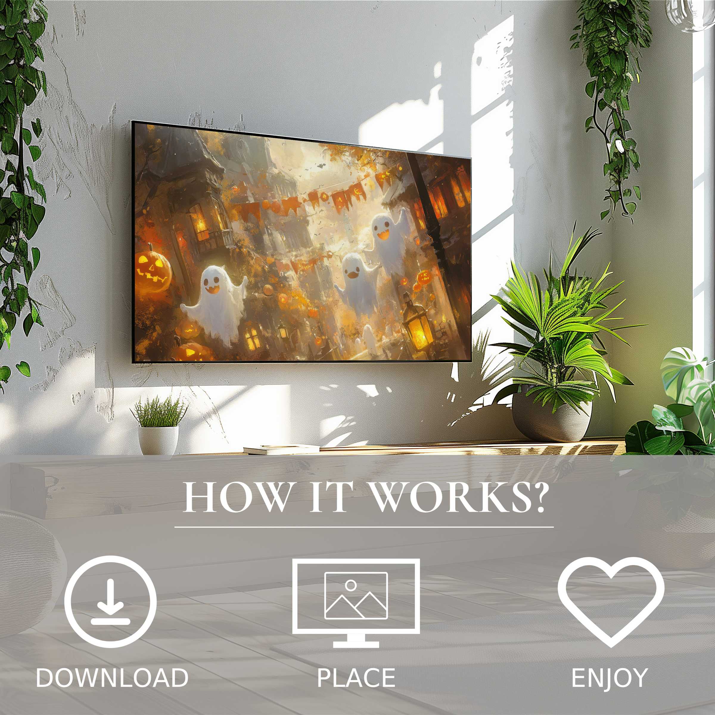 Halloween art for Samsung TV showing cheerful ghost motifs in warm, glowing hues; easy digital download enriches modern spaces