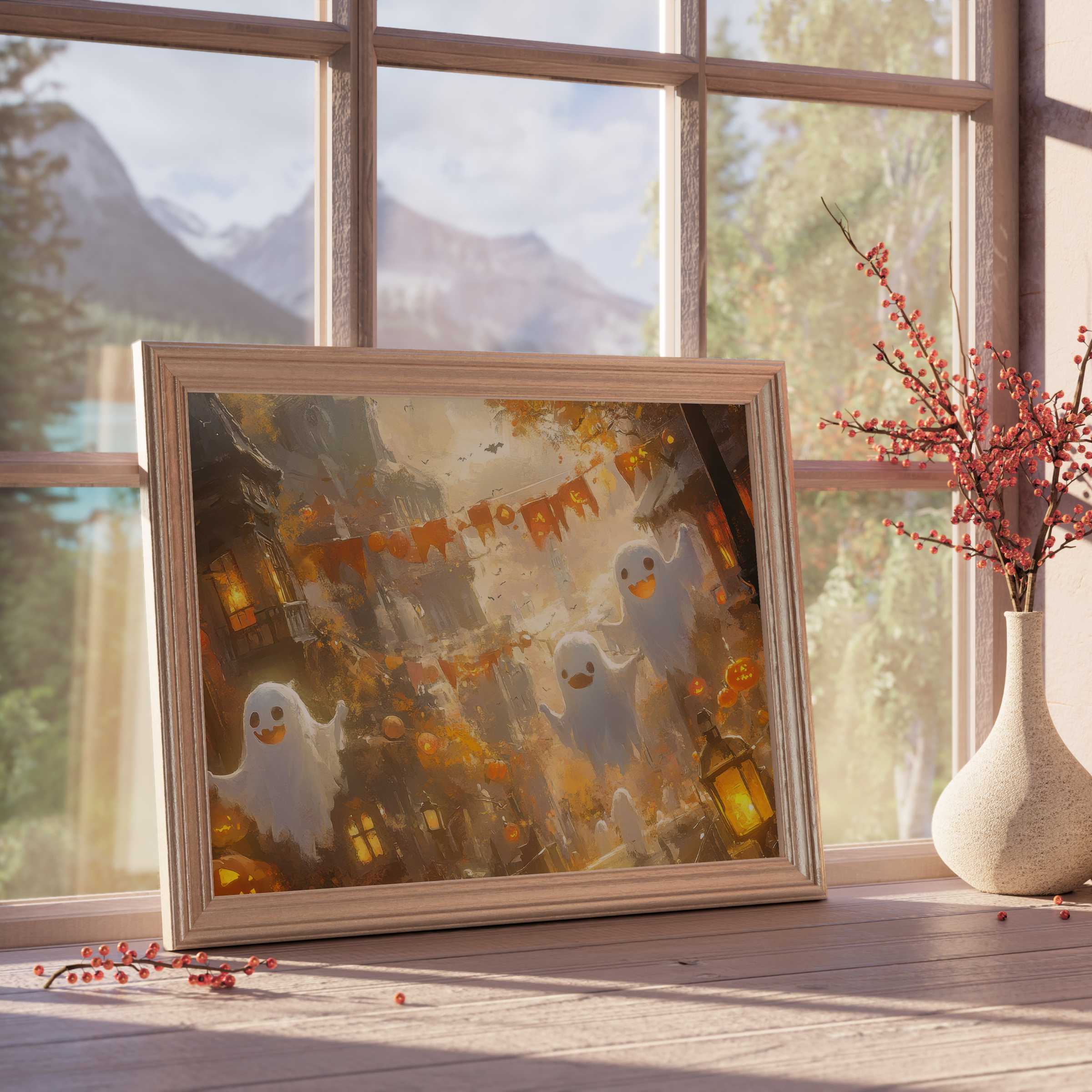 Halloween downloadable art radiates cozy autumn charm with whimsical ghosts and glowing lanterns, elevating curated, tranquil interiors