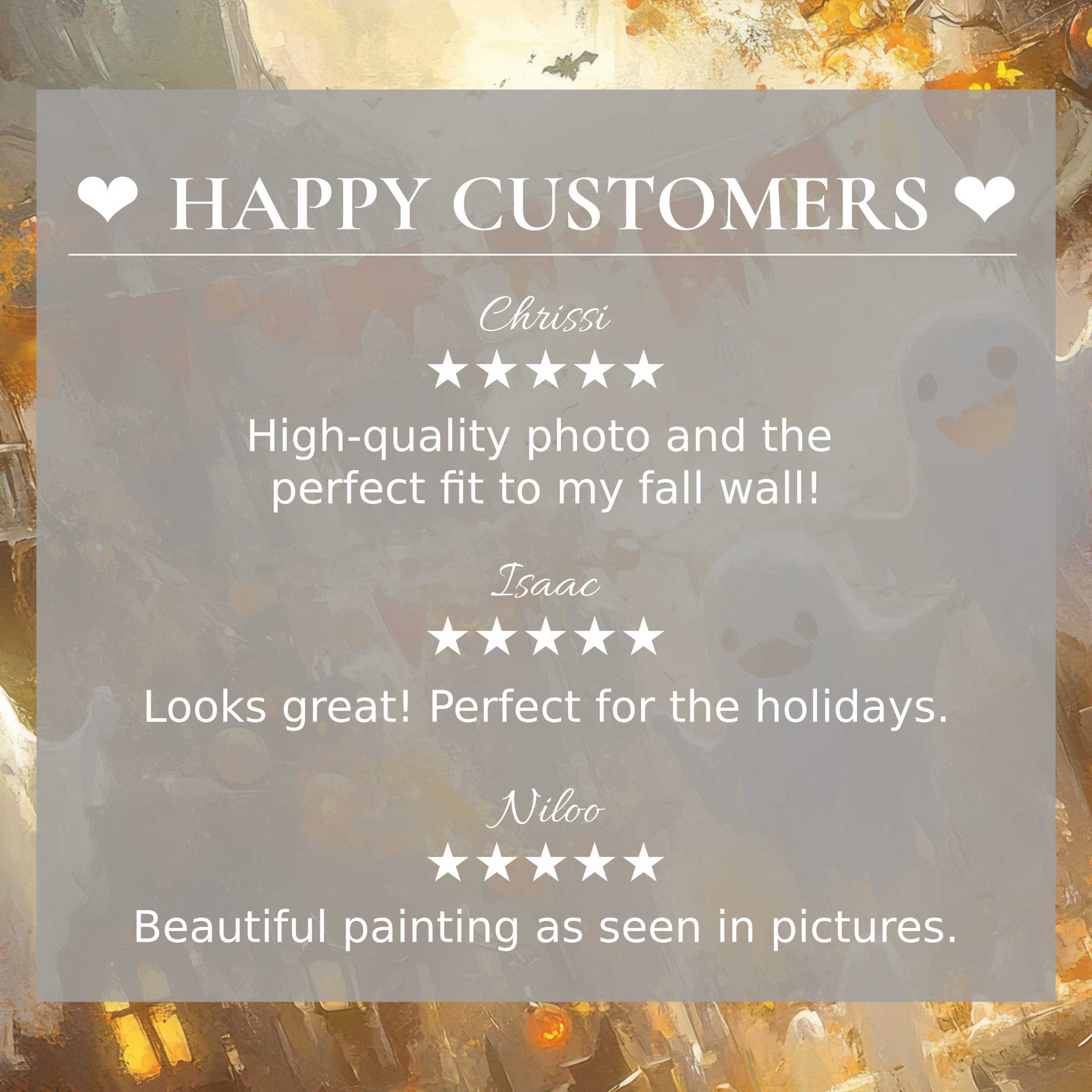 halloween art for Frame TV with abstract warm colors, showcasing happy customer reviews and elegant design trust