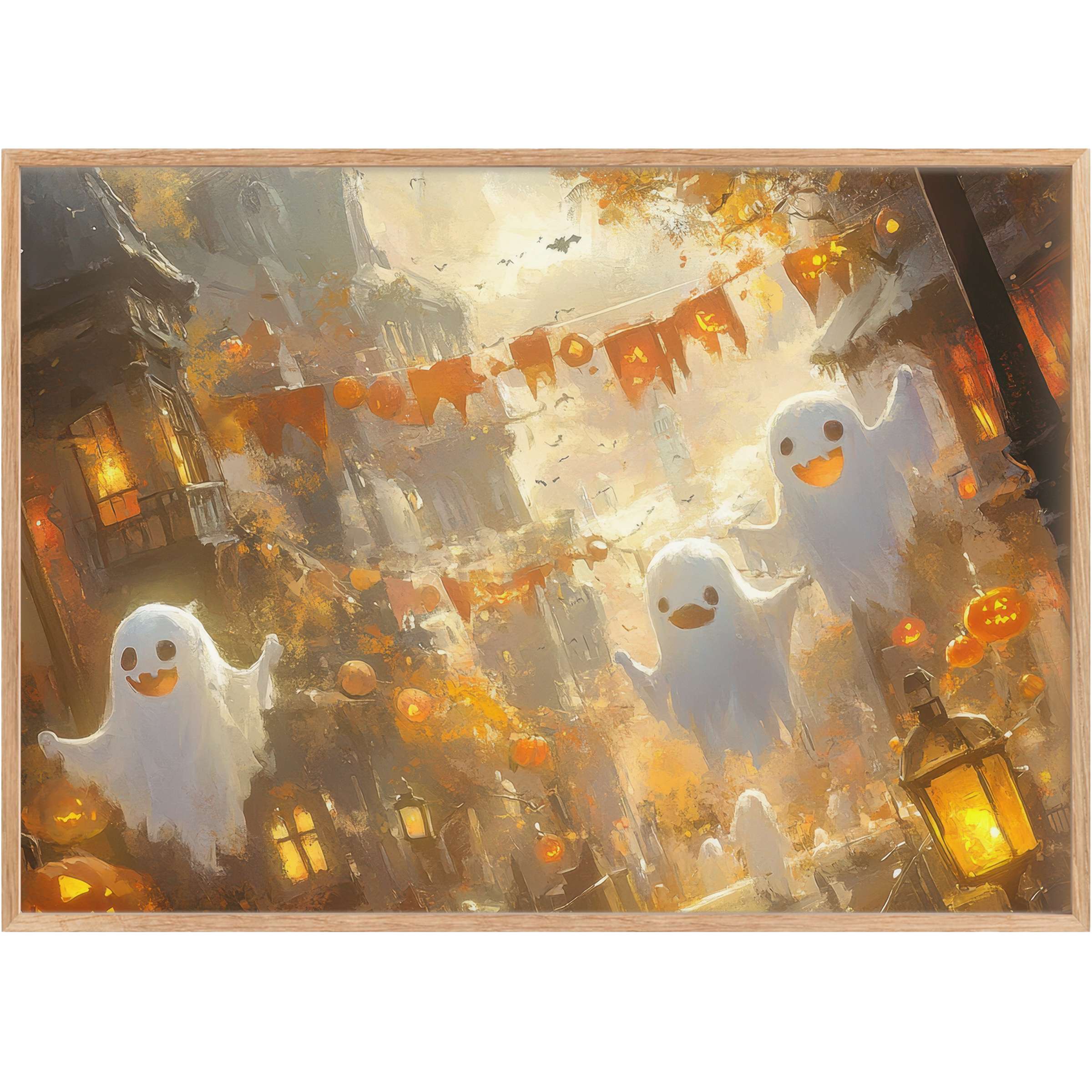 Whimsical halloween printable wall art with glowing pumpkins and joyful ghosts, evoking a radiant, enchanting autumn evening vibe