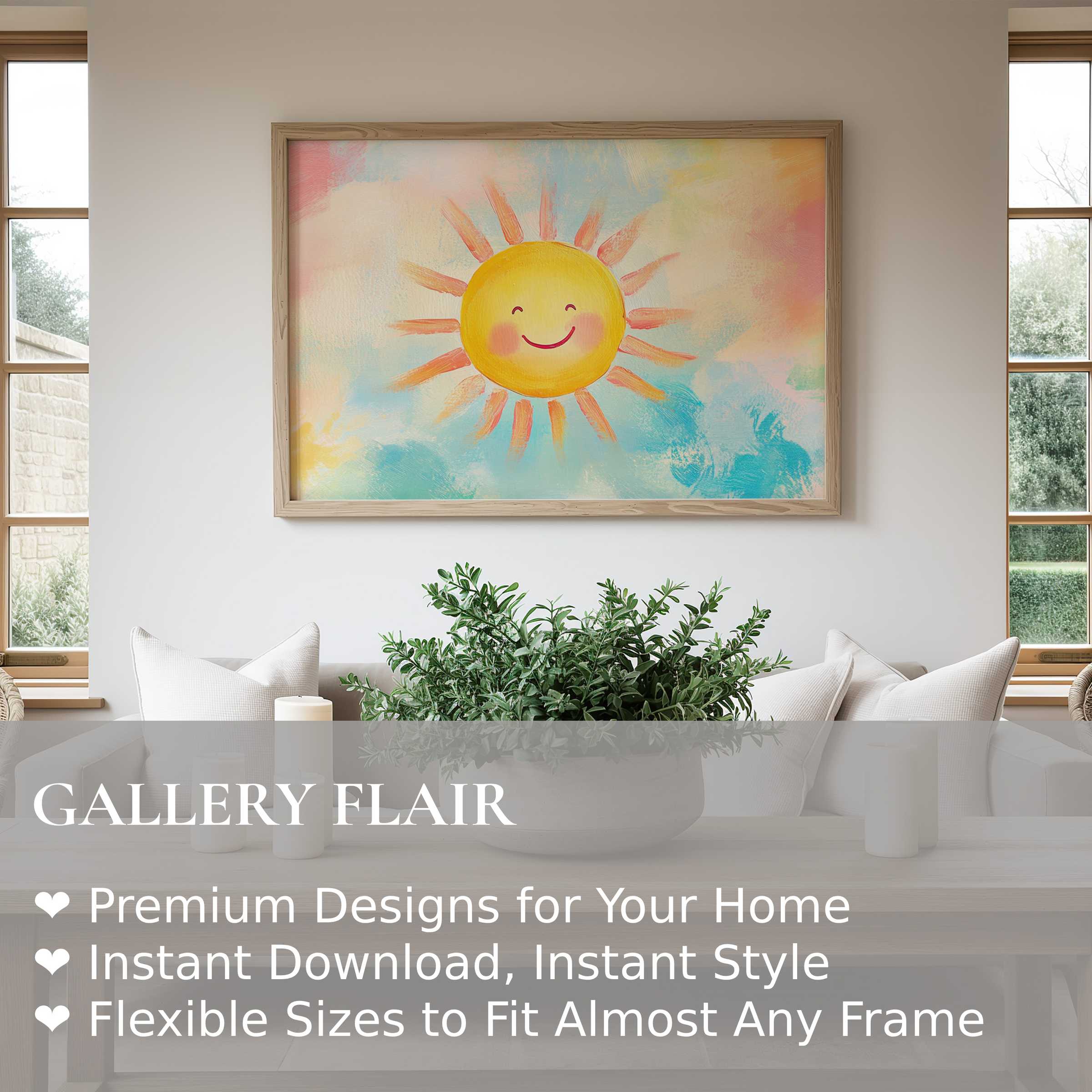 Nursery wall art print with a radiant, smiling sun in soft pastels, enhancing a modern, serene nursery with warmth and charm