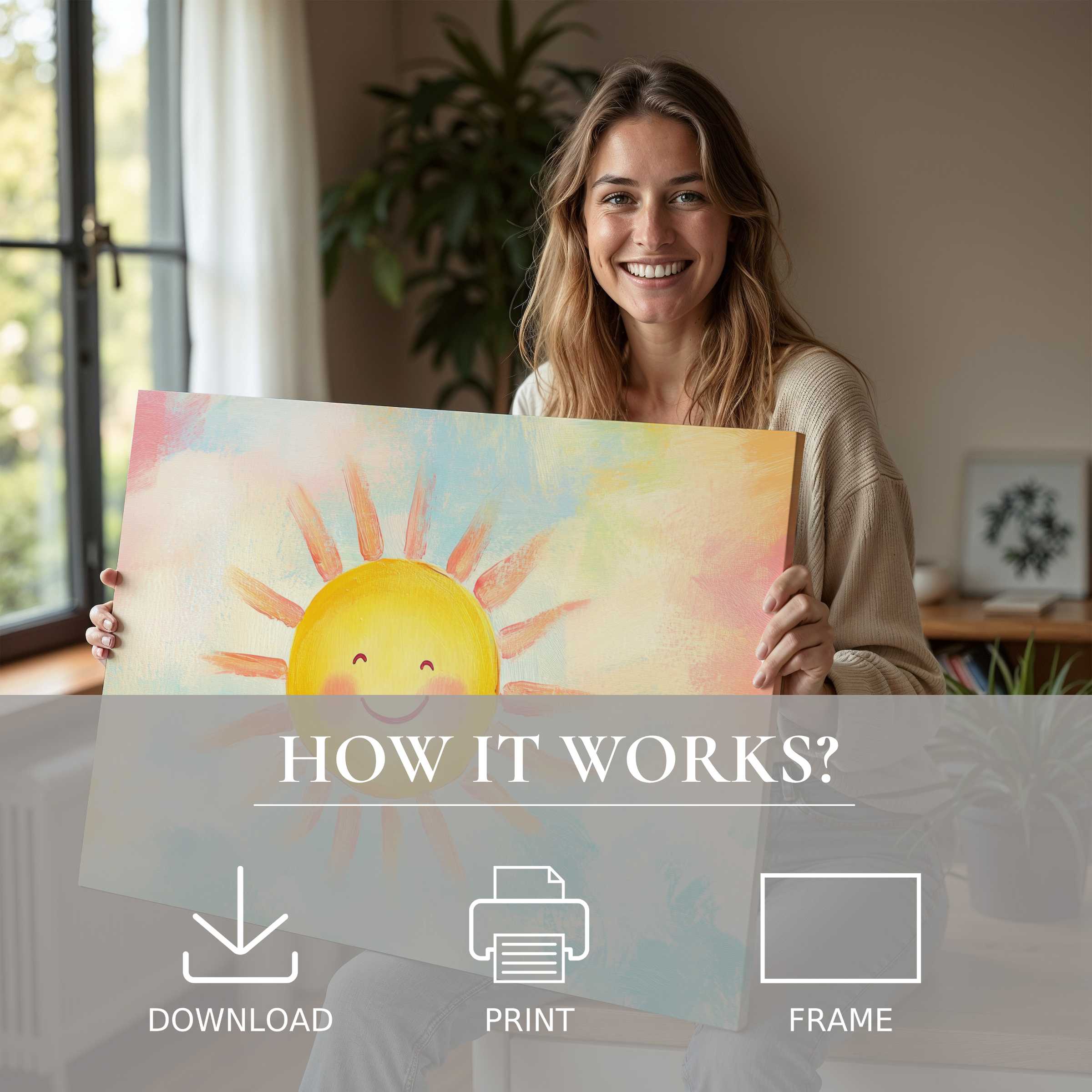 Bright nursery digital art print radiates warmth and joy, enhancing serene modern interiors with effortless elegance