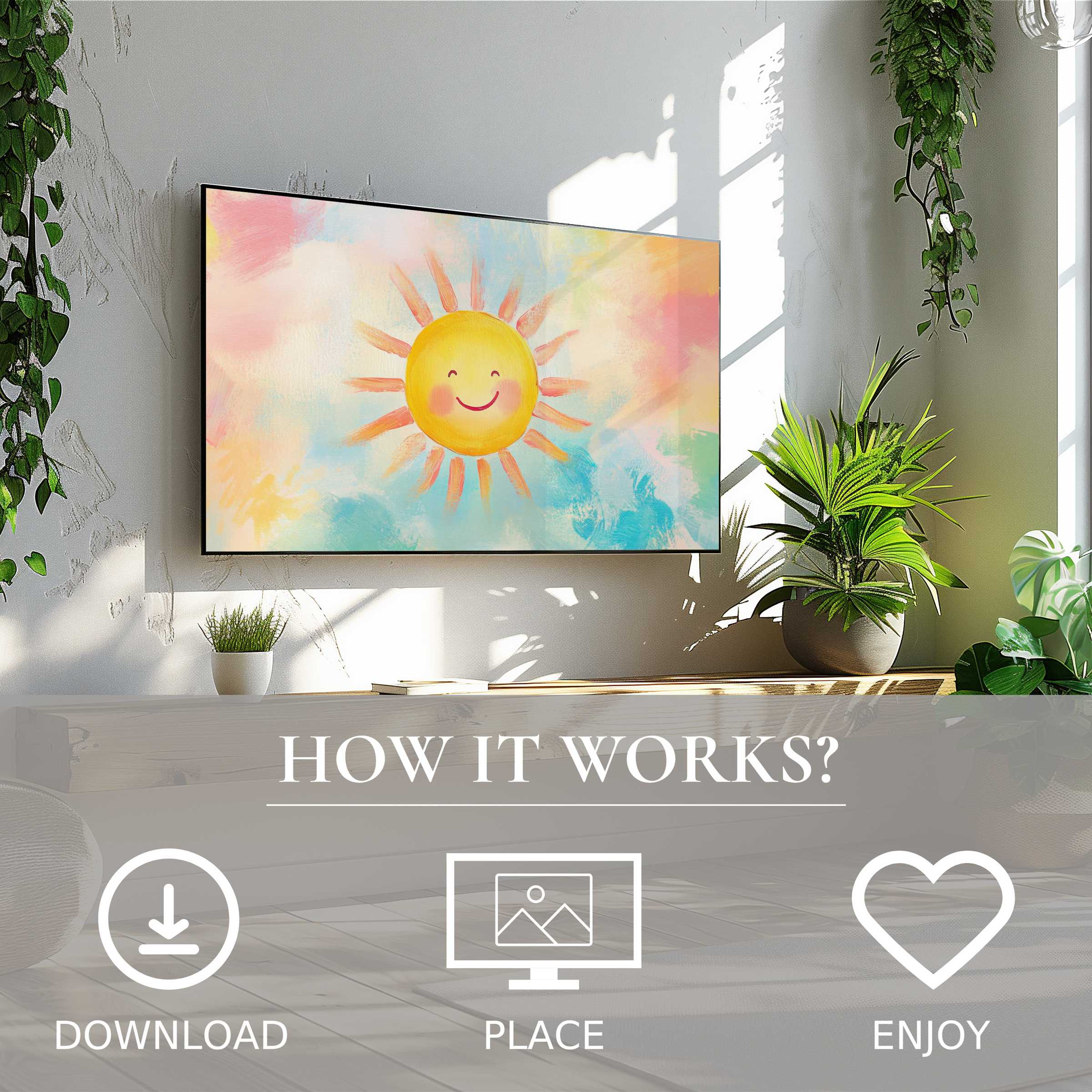 Nursery art for Samsung TV shows a smiling sun in soft pastel hues, easy digital download enriches any space