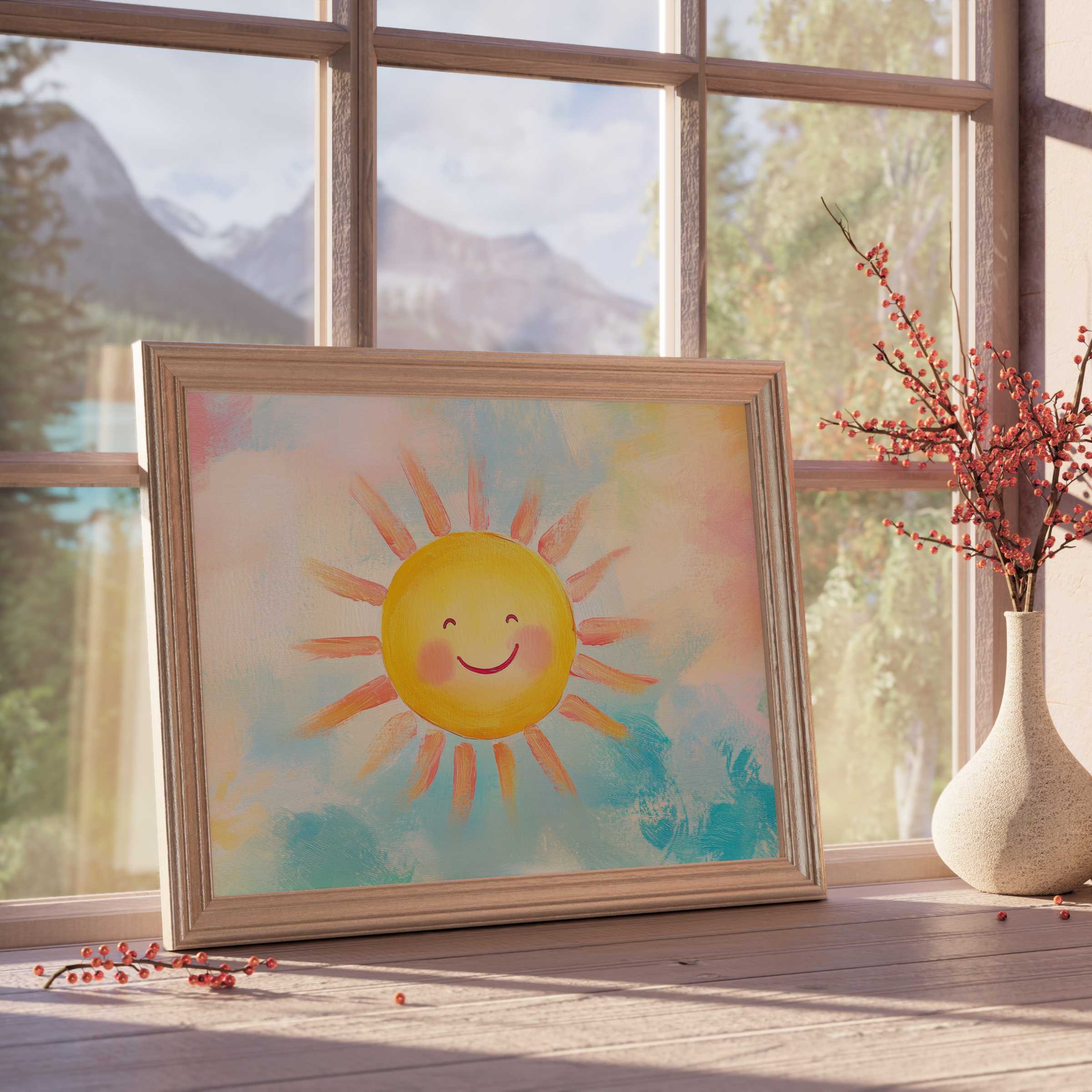 Nursery downloadable art featuring a joyful sun with rosy cheeks, infusing warm, calm vibes into curated, stylish children's rooms