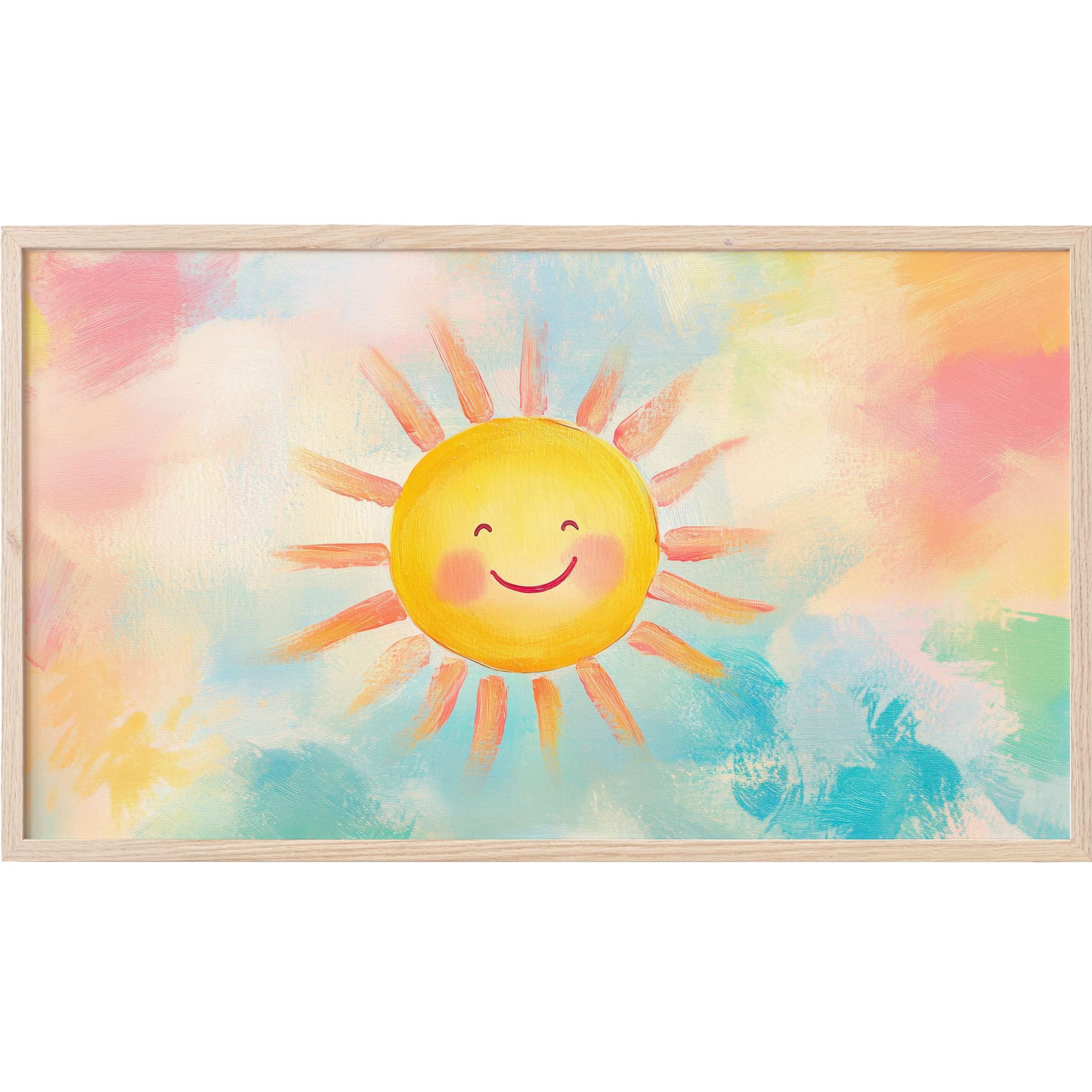 Bright, smiling sun with pastel blues, pinks, and yellows in a soft, modern nursery Frame TV Art style