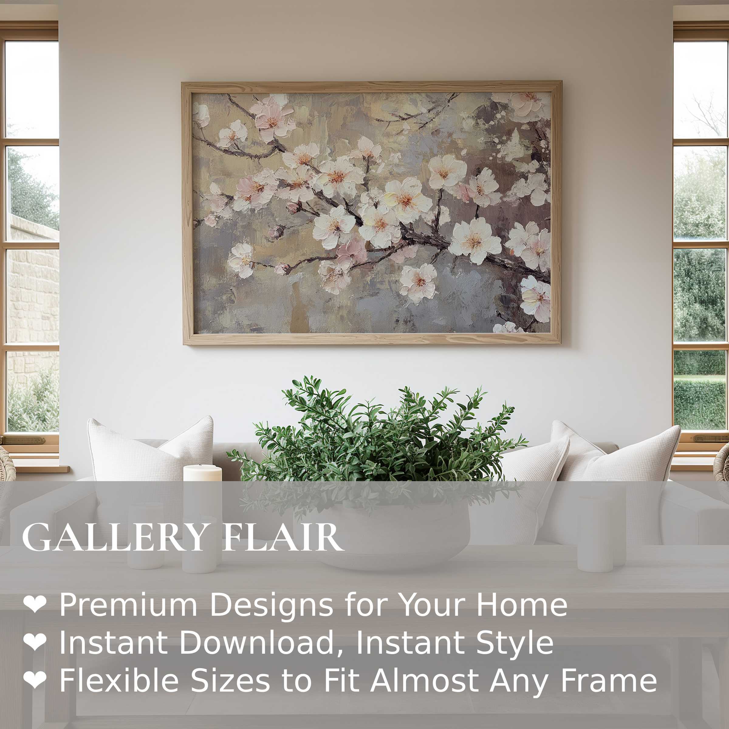 Elegant tree wall art print featuring soft blush blossoms on textured branches, radiating calm sophistication in a modern minimalist living space