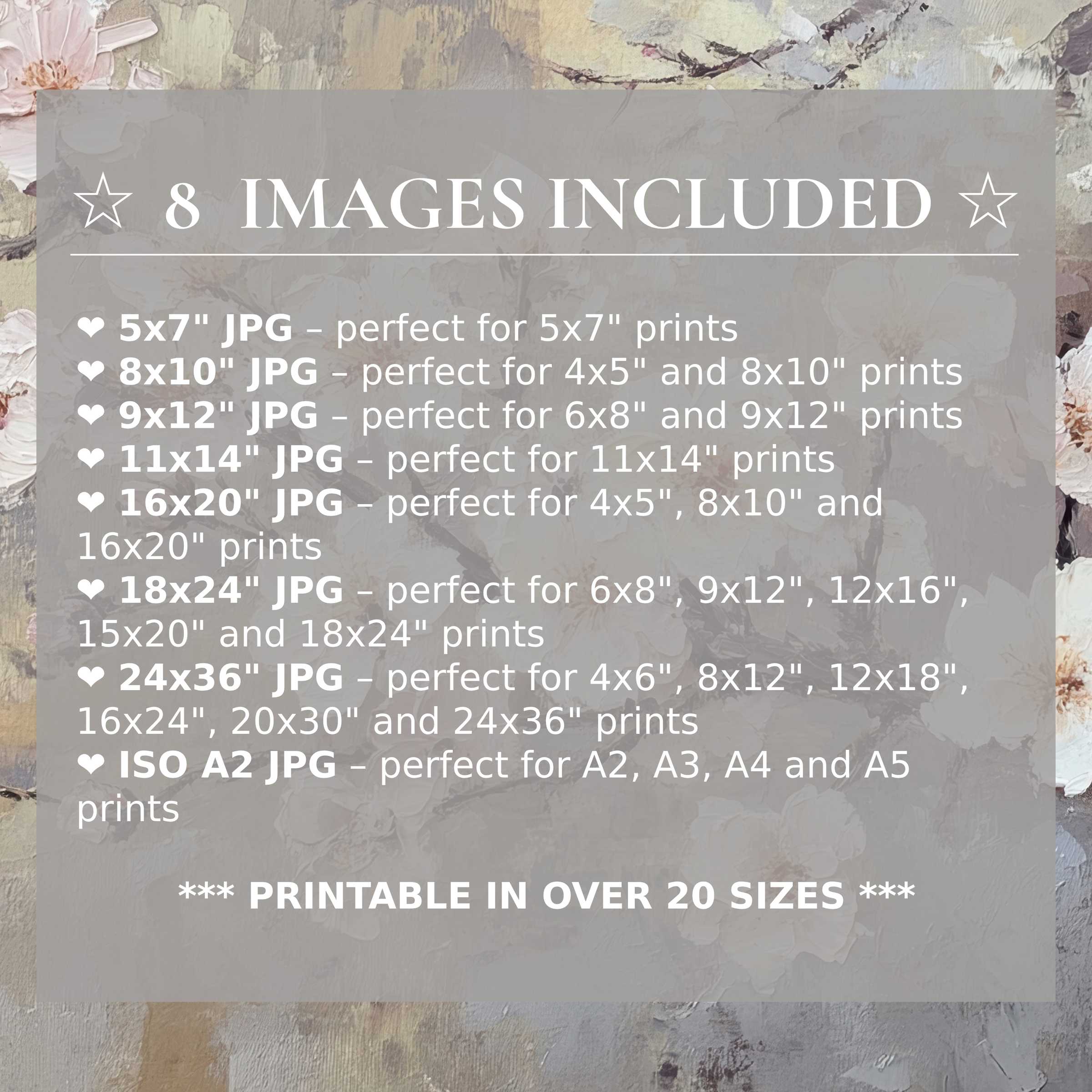 Print size guide showing 8 included JPG formats for versatile wall art printing – perfect for framing in popular sizes from 5x7 to 24x36 and A2