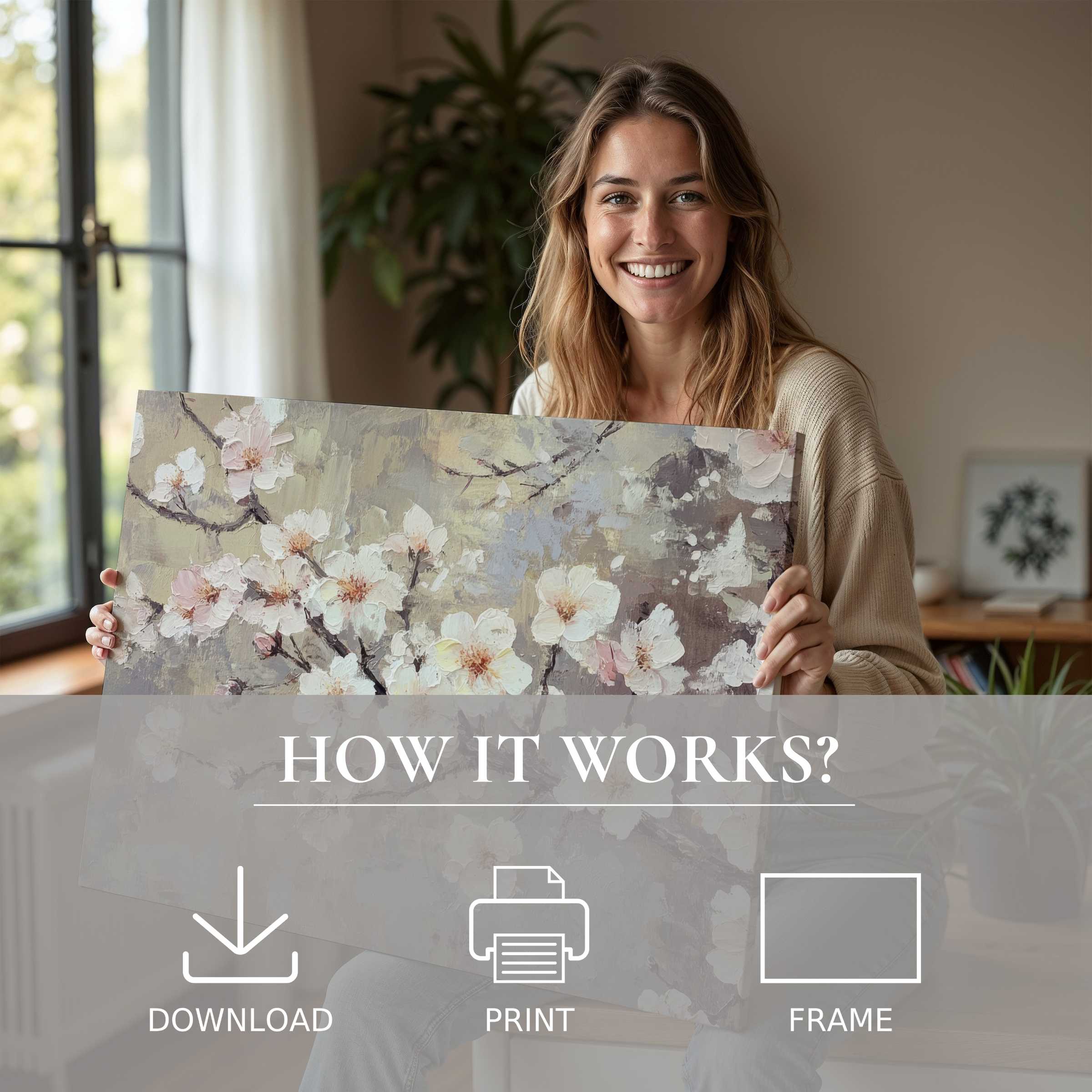 Radiant joy envelops a serene moment as a woman embraces a tree digital art print, enriching her modern home with effortless elegance