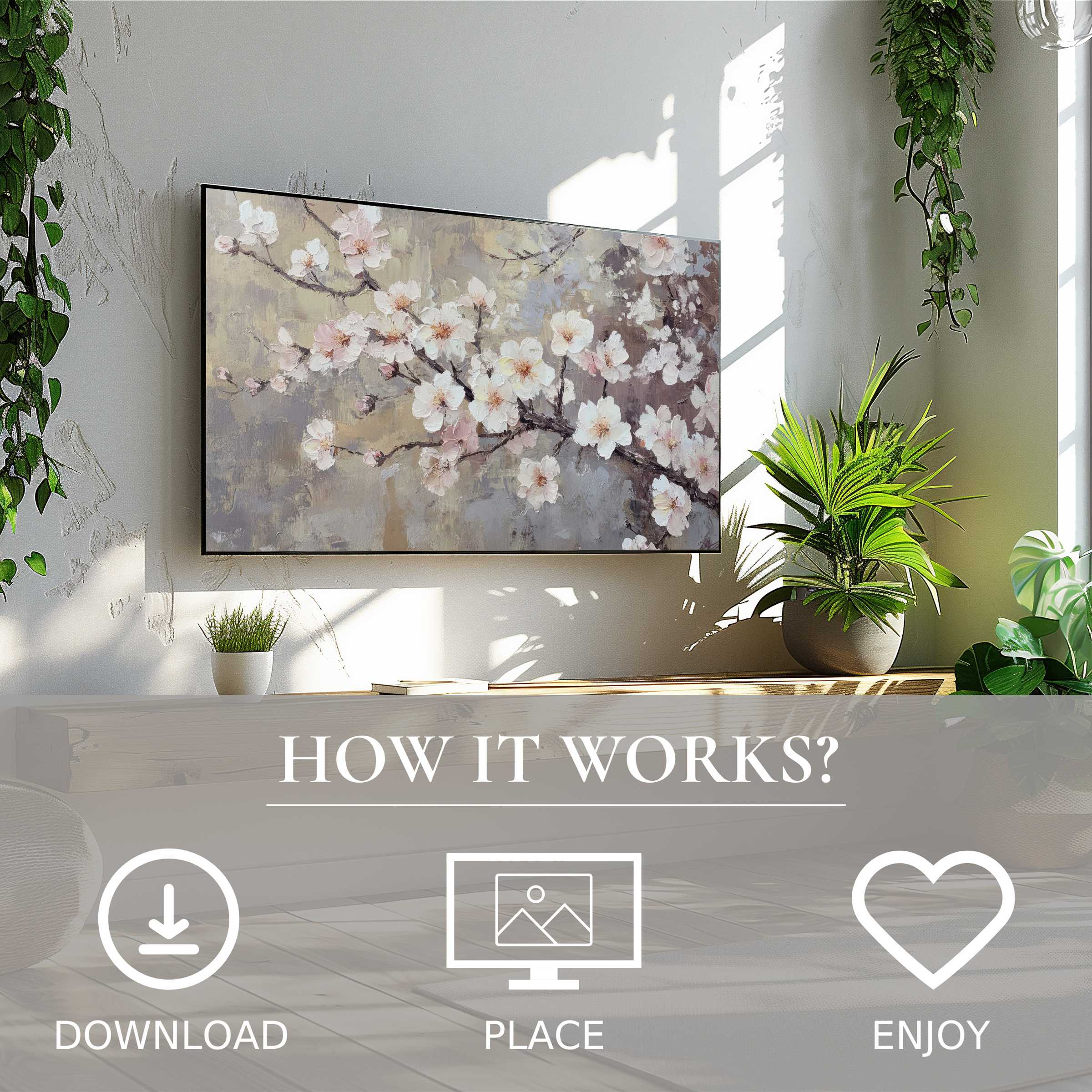 Tree art for Samsung TV with soft pink blossoms; easy digital download enriches modern living spaces