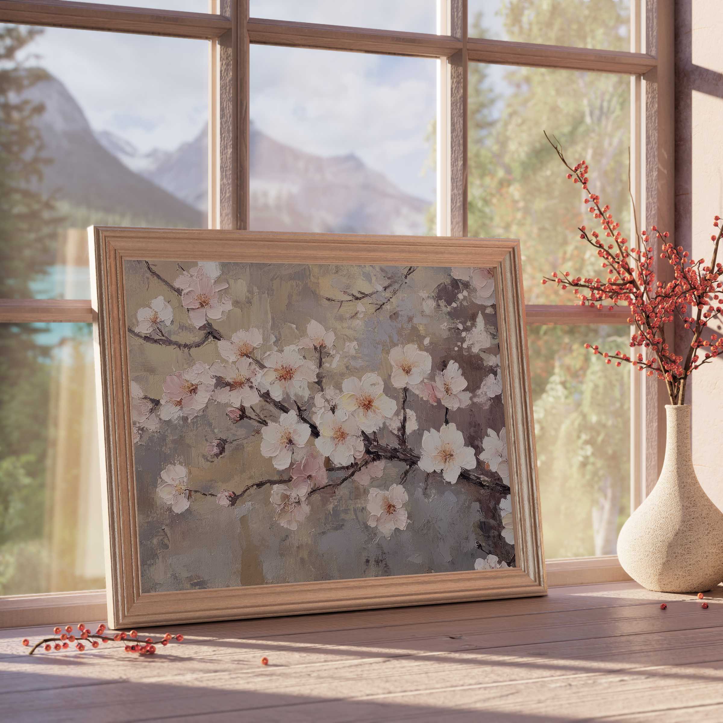 Serene tree downloadable art of delicate cherry blossoms in soft pastels, enhancing tranquil, curated interiors with natural elegance