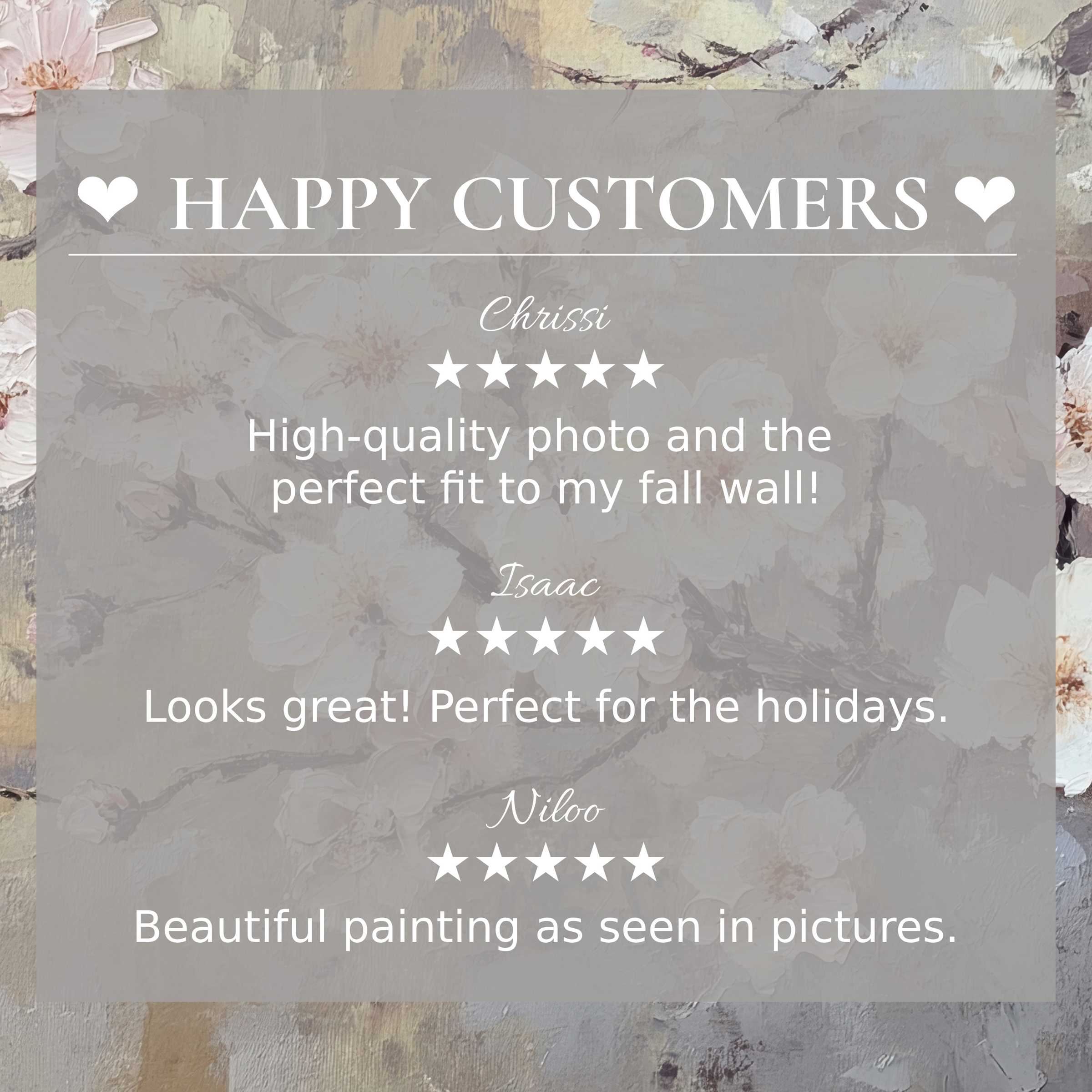 Refined trees art for Frame TV with abstract floral background, showcasing happy customer reviews and elegant home style
