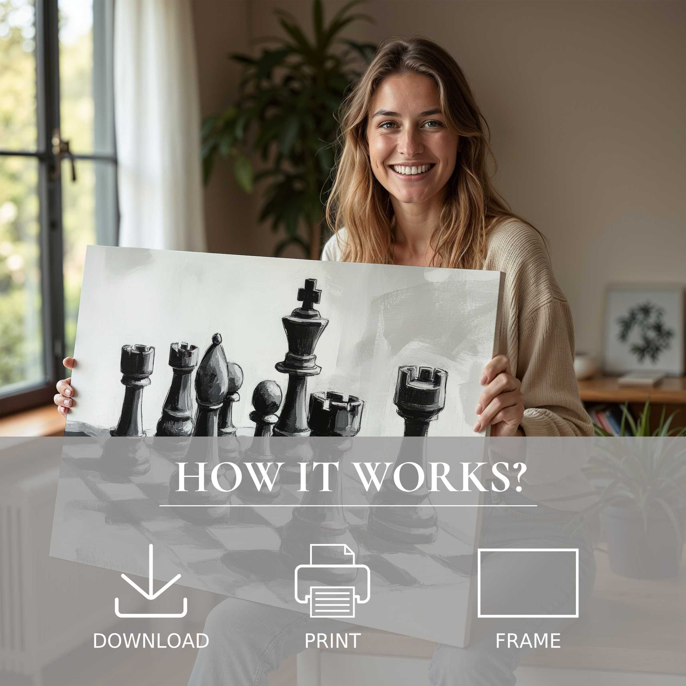 Radiant joy illuminates a modern sanctuary as a black and white digital art print transforms space with timeless elegance and connection