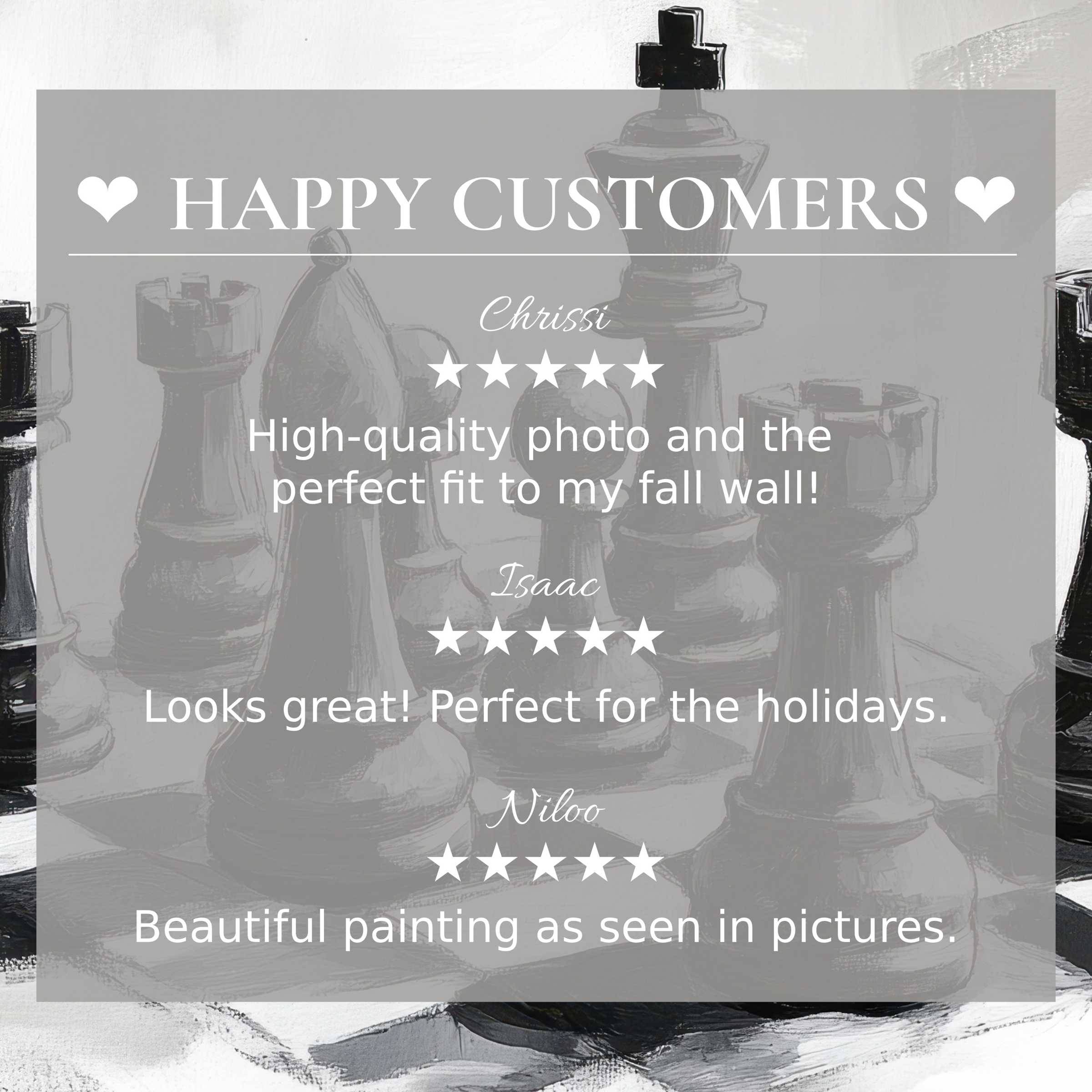 Elegant black and white art for Frame TV with chess design, showcasing happy customer reviews and trusted style