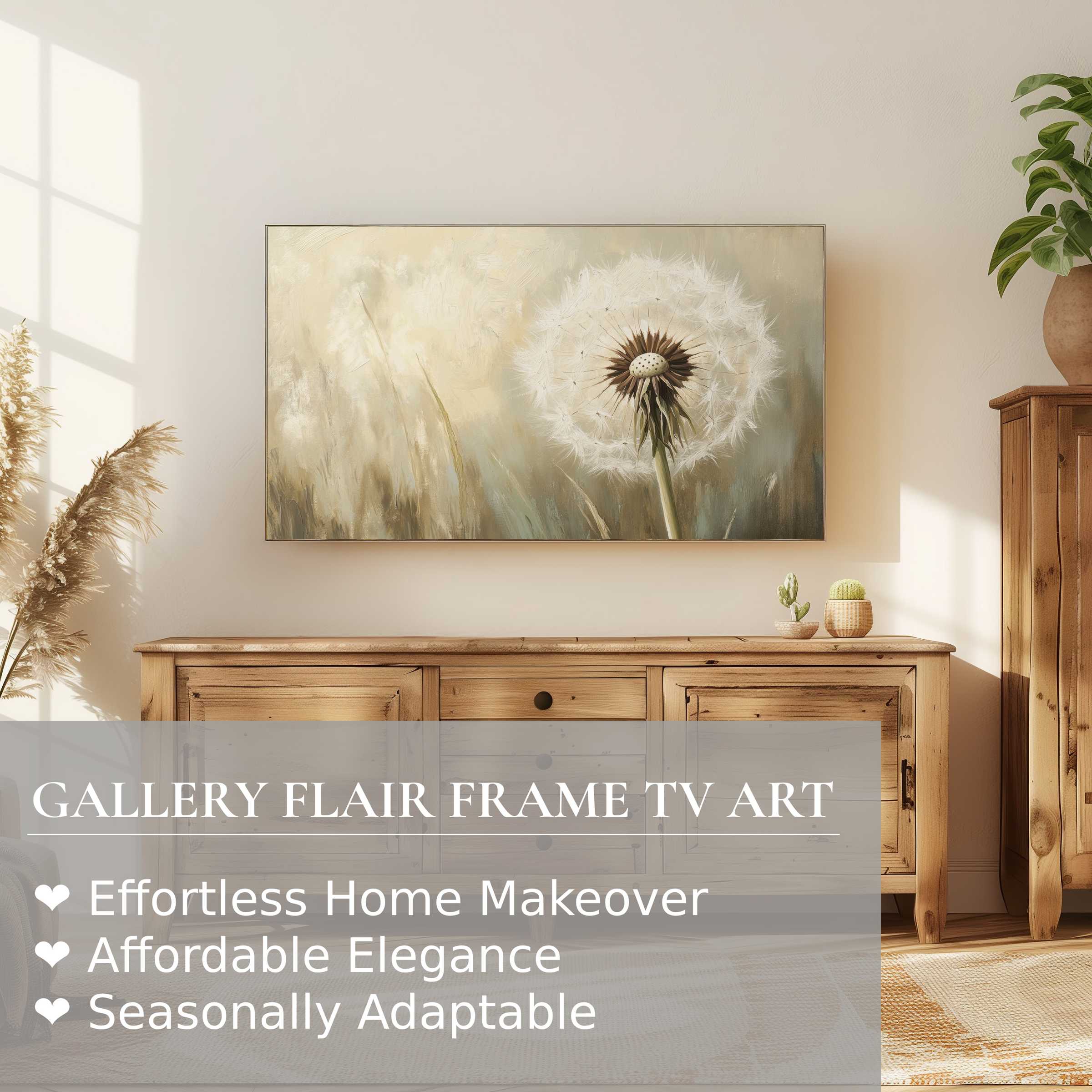 Samsung Frame TV displays elegant botanical digital artwork of a dandelion in a warm, modern natural setting
