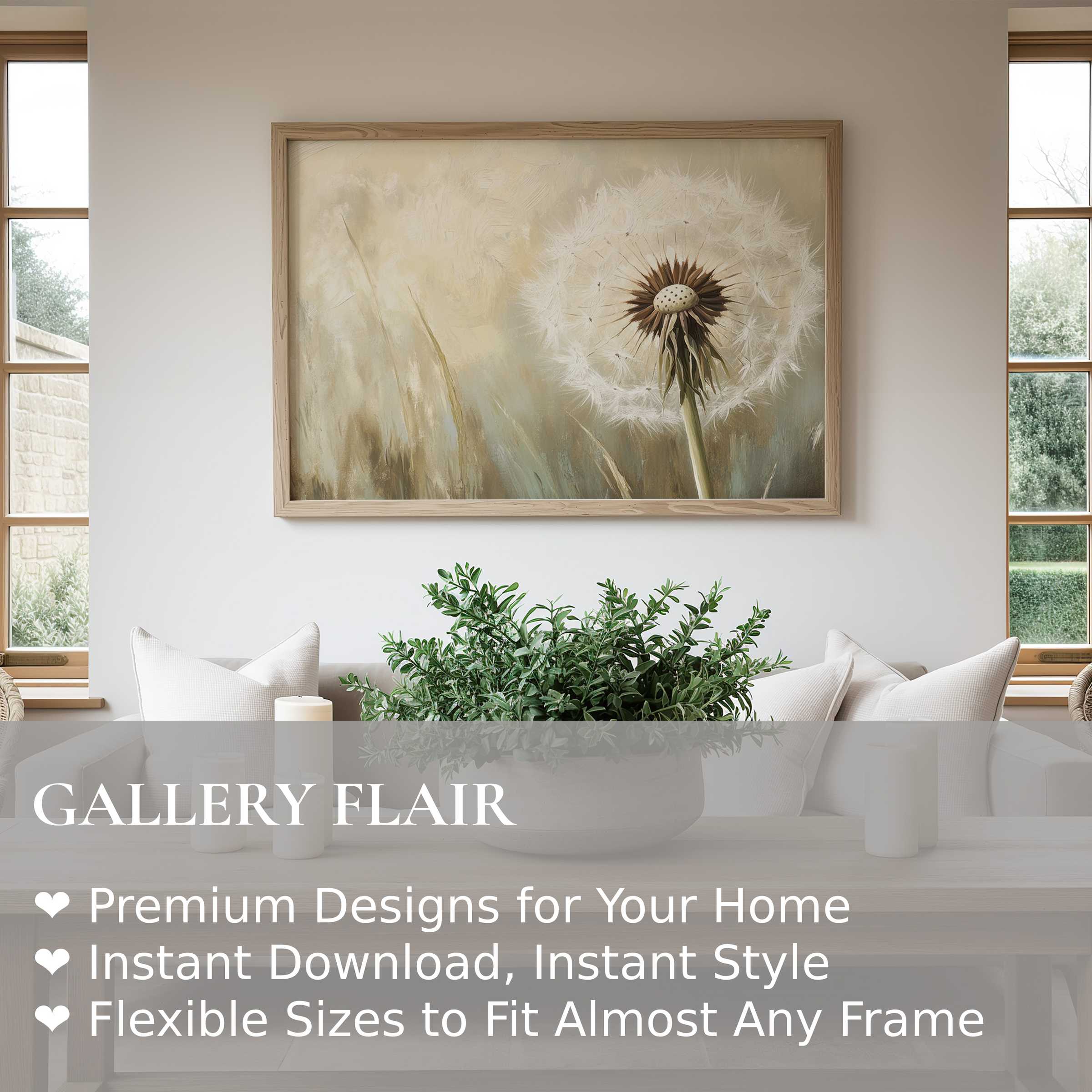 Botanical wall art print featuring a soft, serene dandelion in muted earth tones, enhancing modern minimal and natural interiors with calming greenery