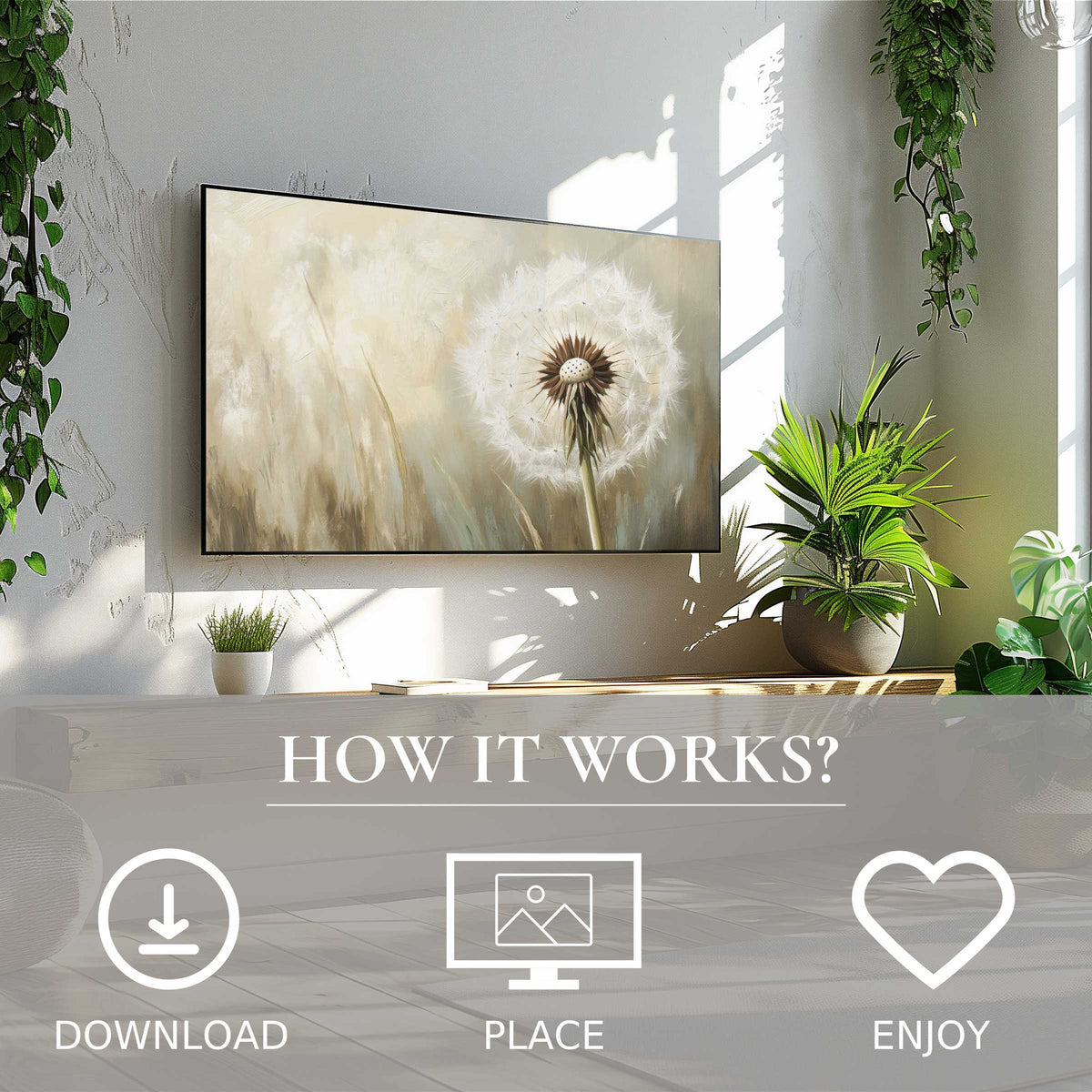 Botanical art for Samsung TV with soft beige hues, simple digital download enriches modern living spaces effortlessly