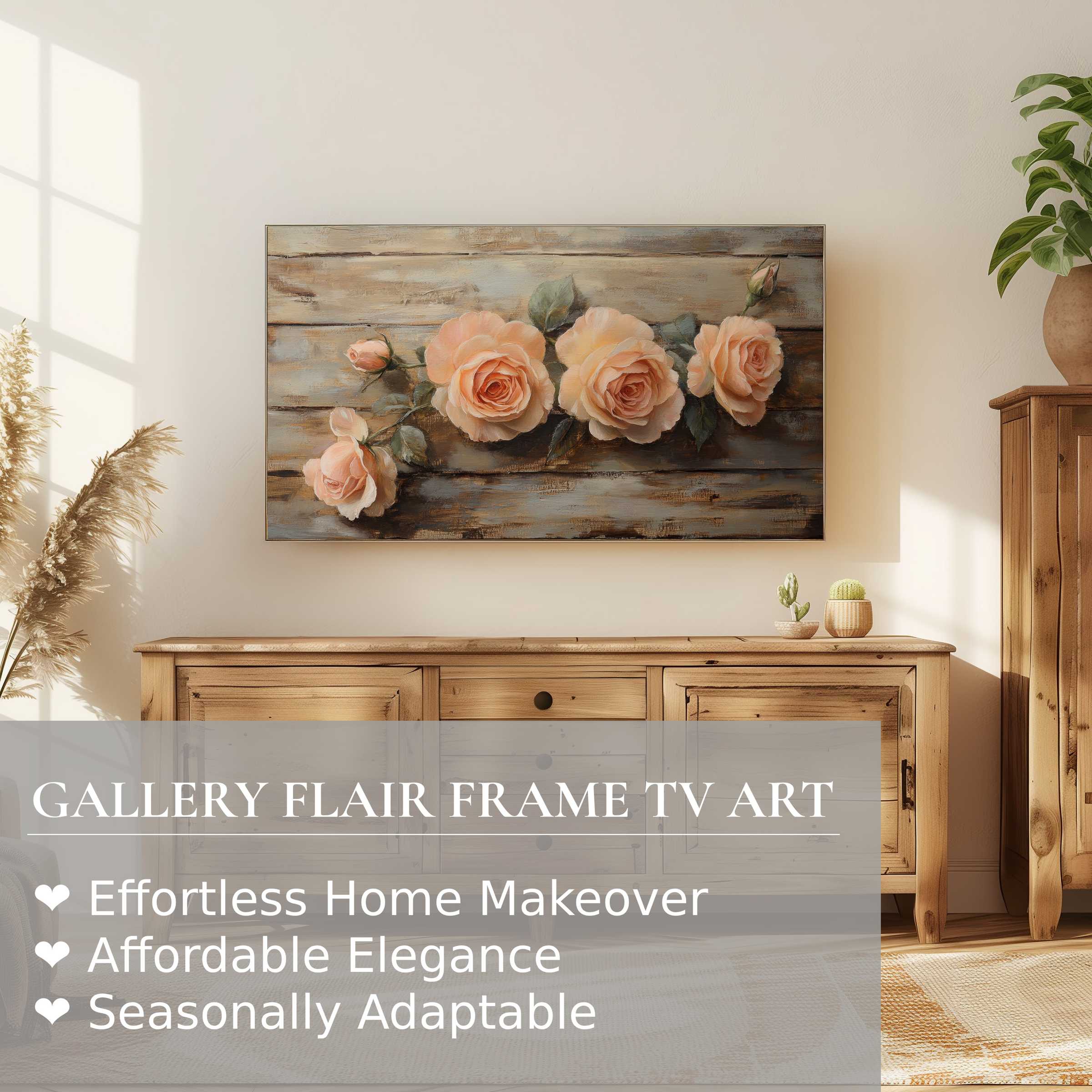Samsung Frame TV displays elegant floral digital artwork with soft roses in a warm, modern rustic living space
