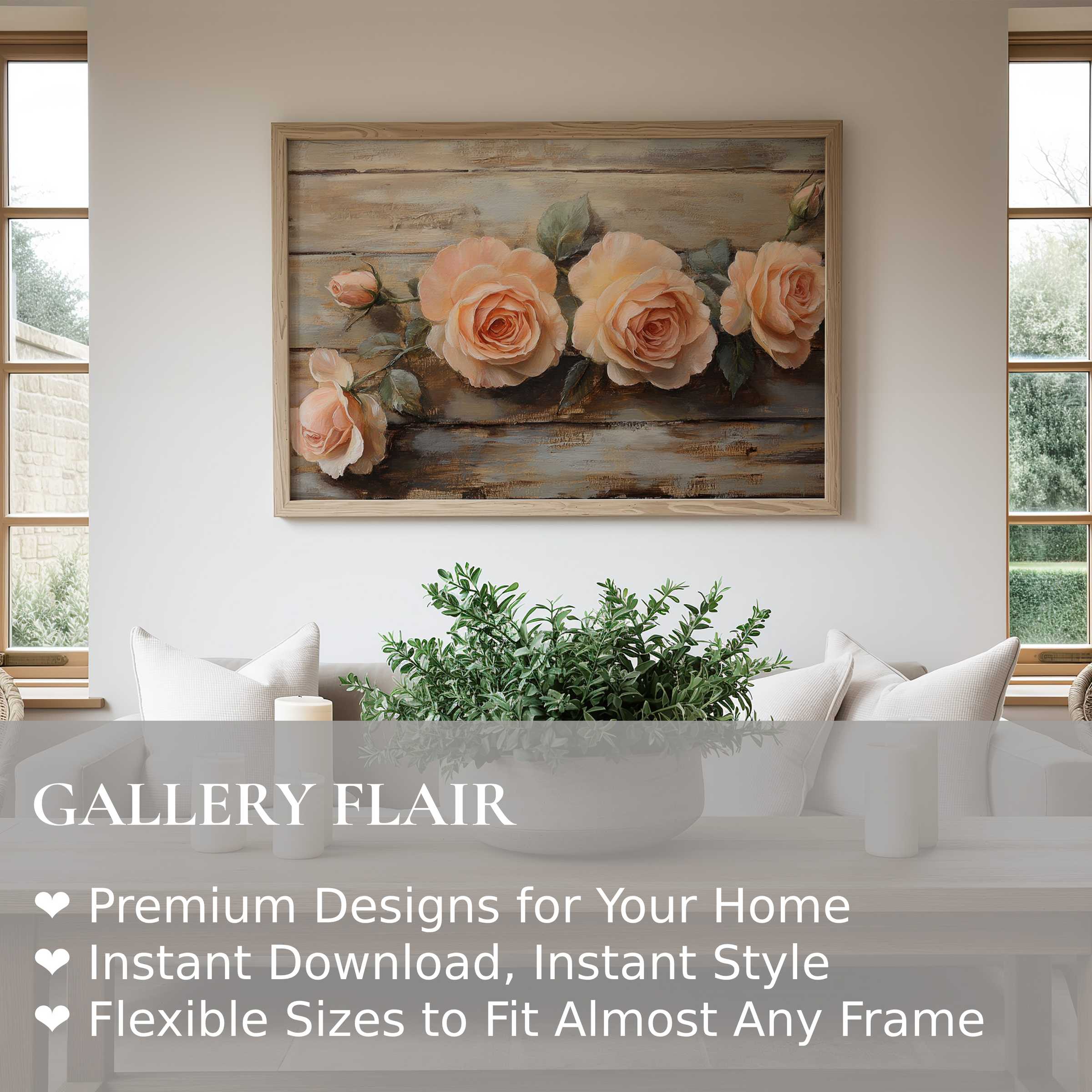 Elegant floral wall art print featuring soft peach roses on rustic wood, enhancing serene modern farmhouse decor with timeless charm