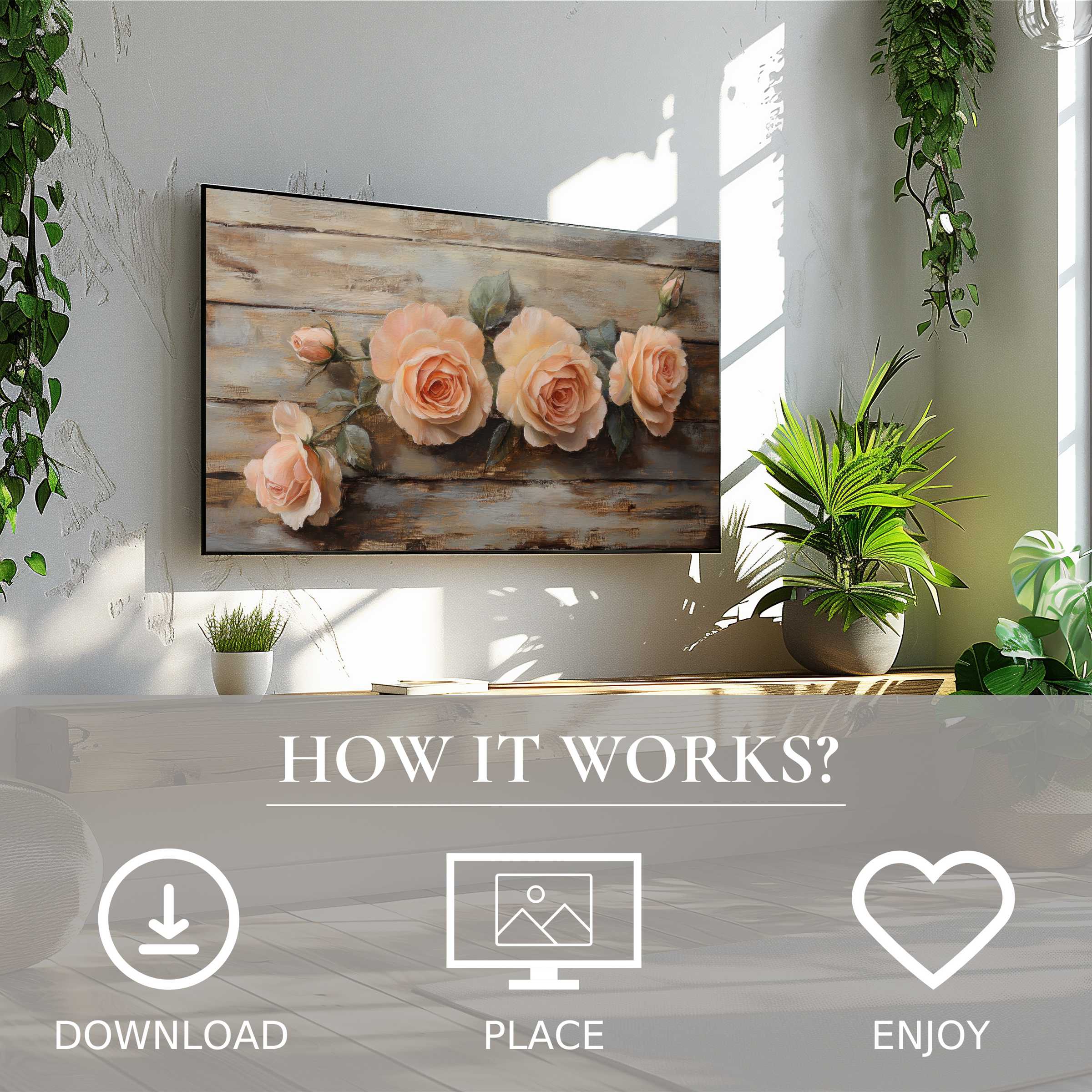 Floral art for Samsung TV shows soft peach roses on wood; easy digital download enriches modern living spaces