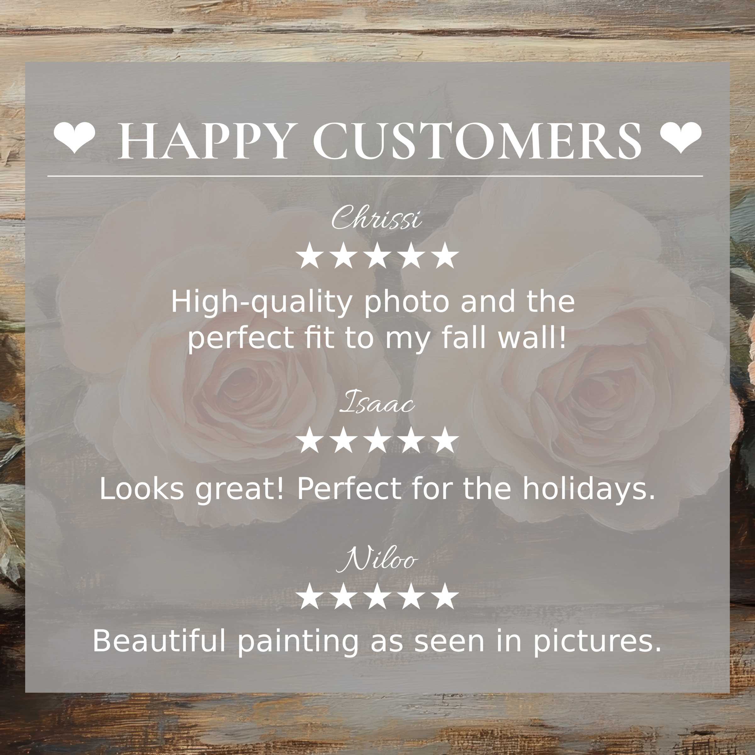 Elegant floral art for Frame TV with soft rose blooms in rustic hues, highlighting happy customer reviews and trust