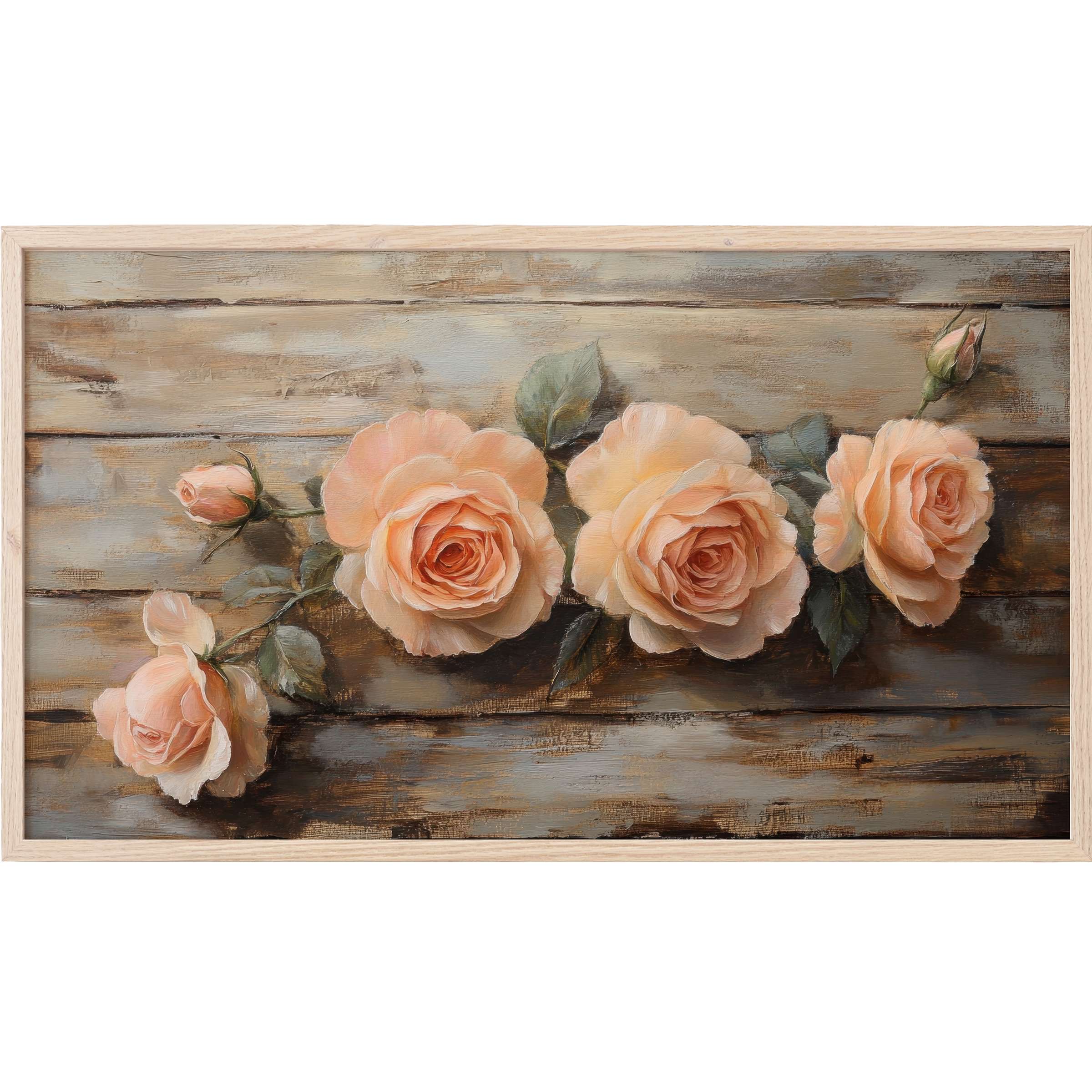 Floral Frame TV Art: soft peach roses against rustic wood, blending elegance with modern vintage charm