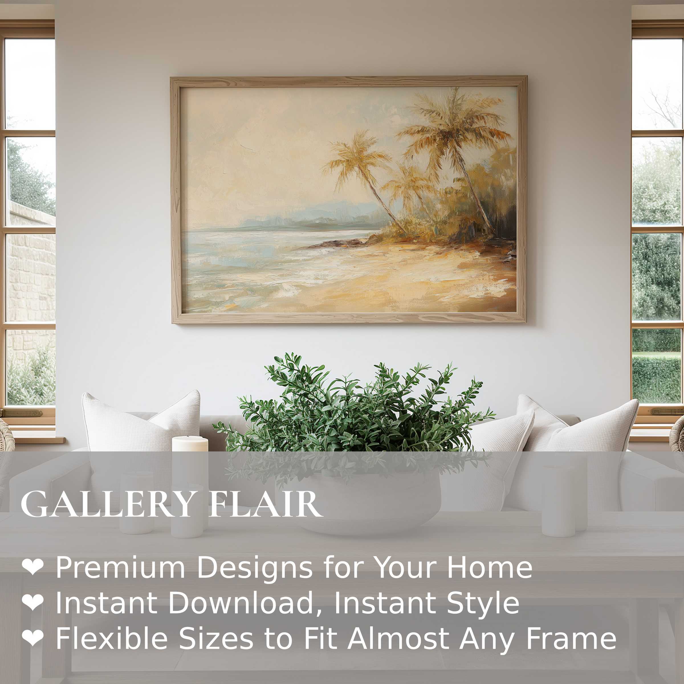 Coastal wall art print featuring serene palm trees and soft ocean hues, enhancing minimalist, modern living spaces with calming, natural elegance