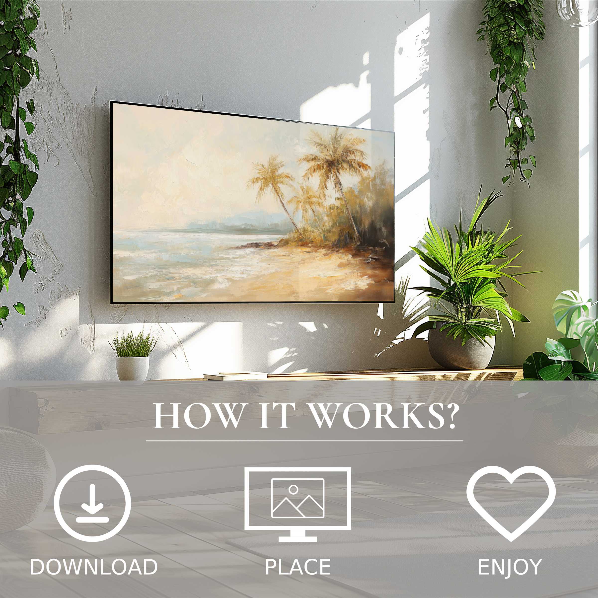 Coastal art for Samsung TV shows soft sunset tones on The Frame, easy digital download enriches stylish living spaces