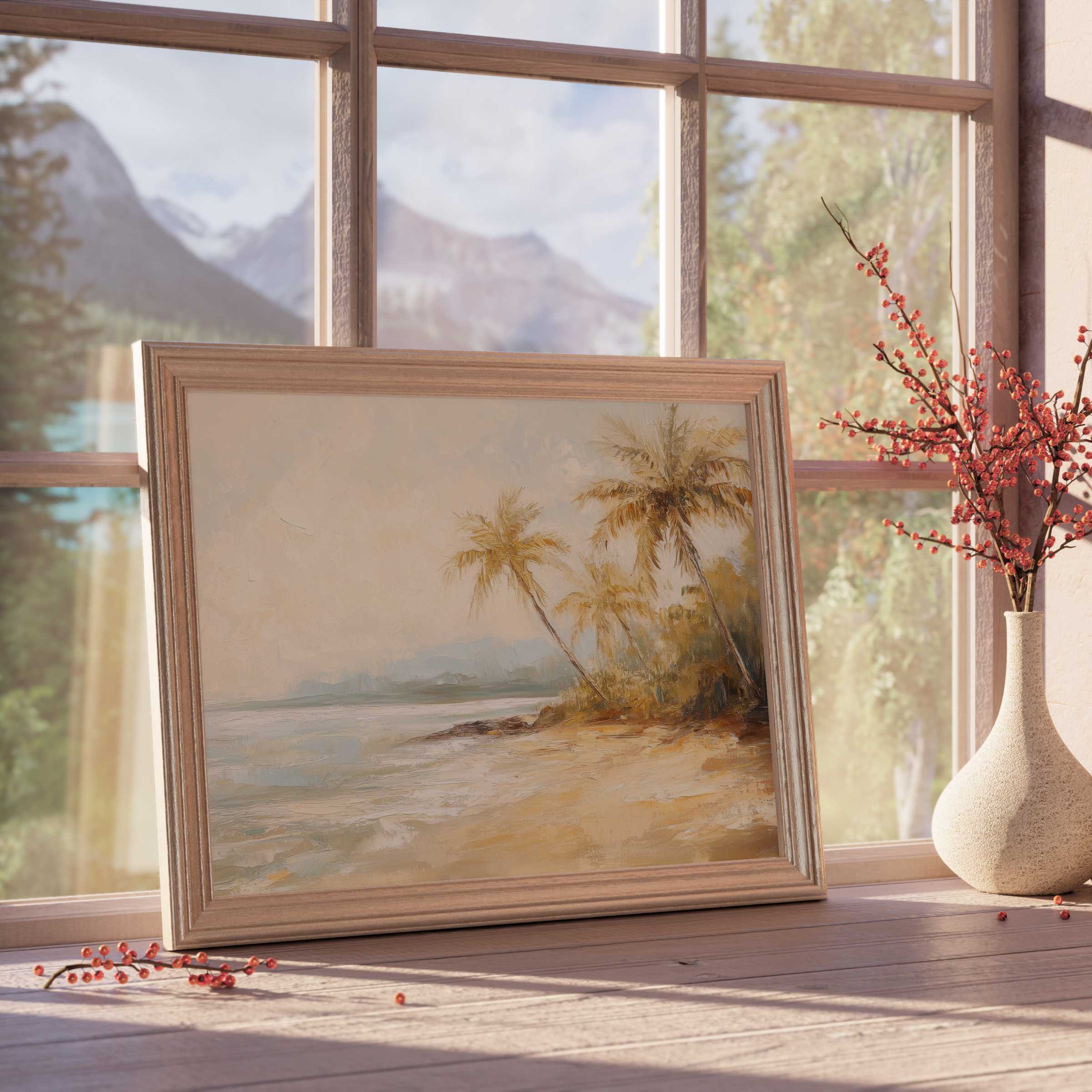 Coastal downloadable art capturing serene palm-fringed shores in warm hues, perfect for elevated, tranquil interiors