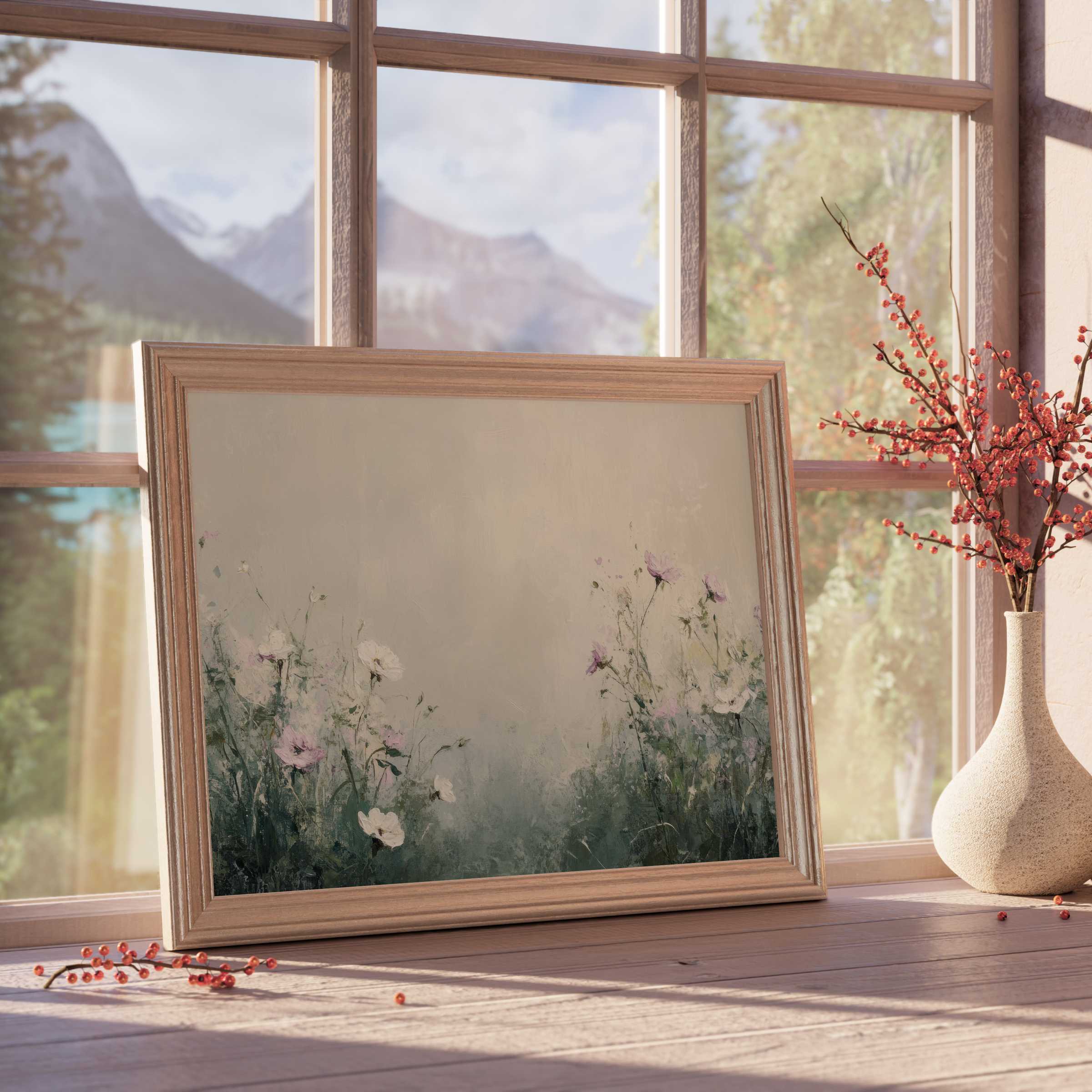Elegant spring downloadable art with soft wildflowers in muted pastels, evoking calm and curated tranquility for refined interiors