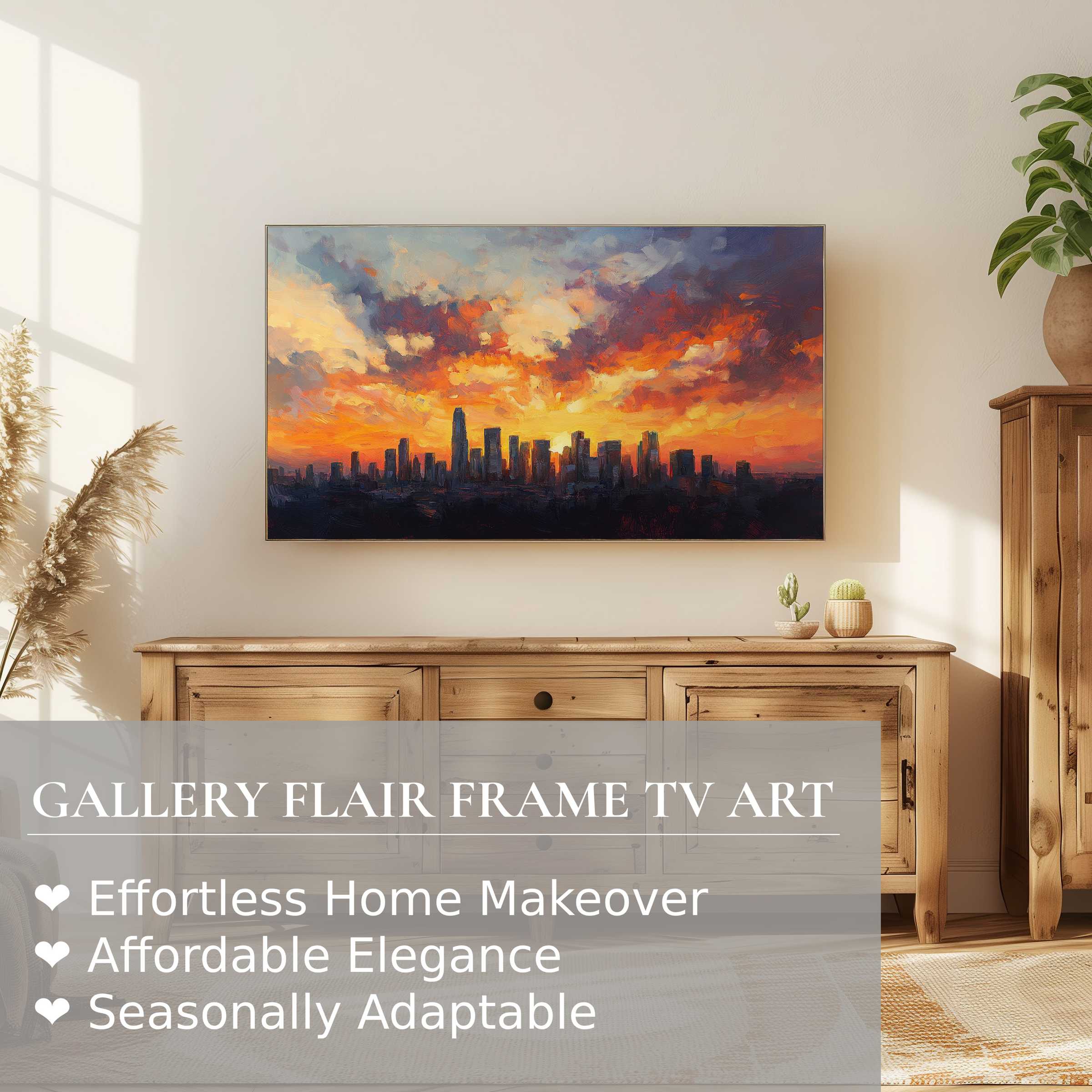 Samsung Frame TV displaying urban digital artwork of a vivid sunset skyline in a cozy, modern setting