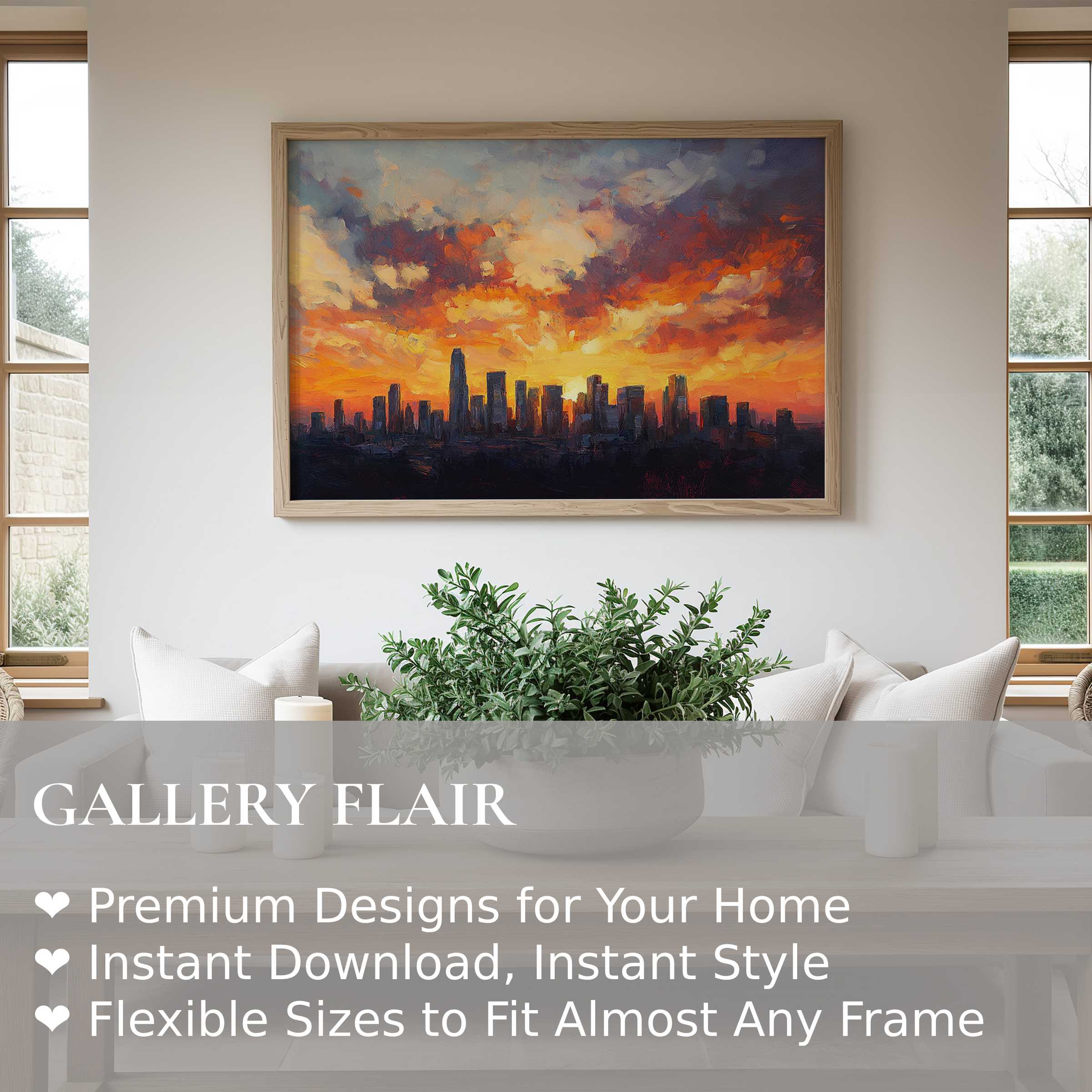 Urban art wall art print of a radiant city skyline at sunset, blending bold hues with modern, minimalist decor to elevate living spaces