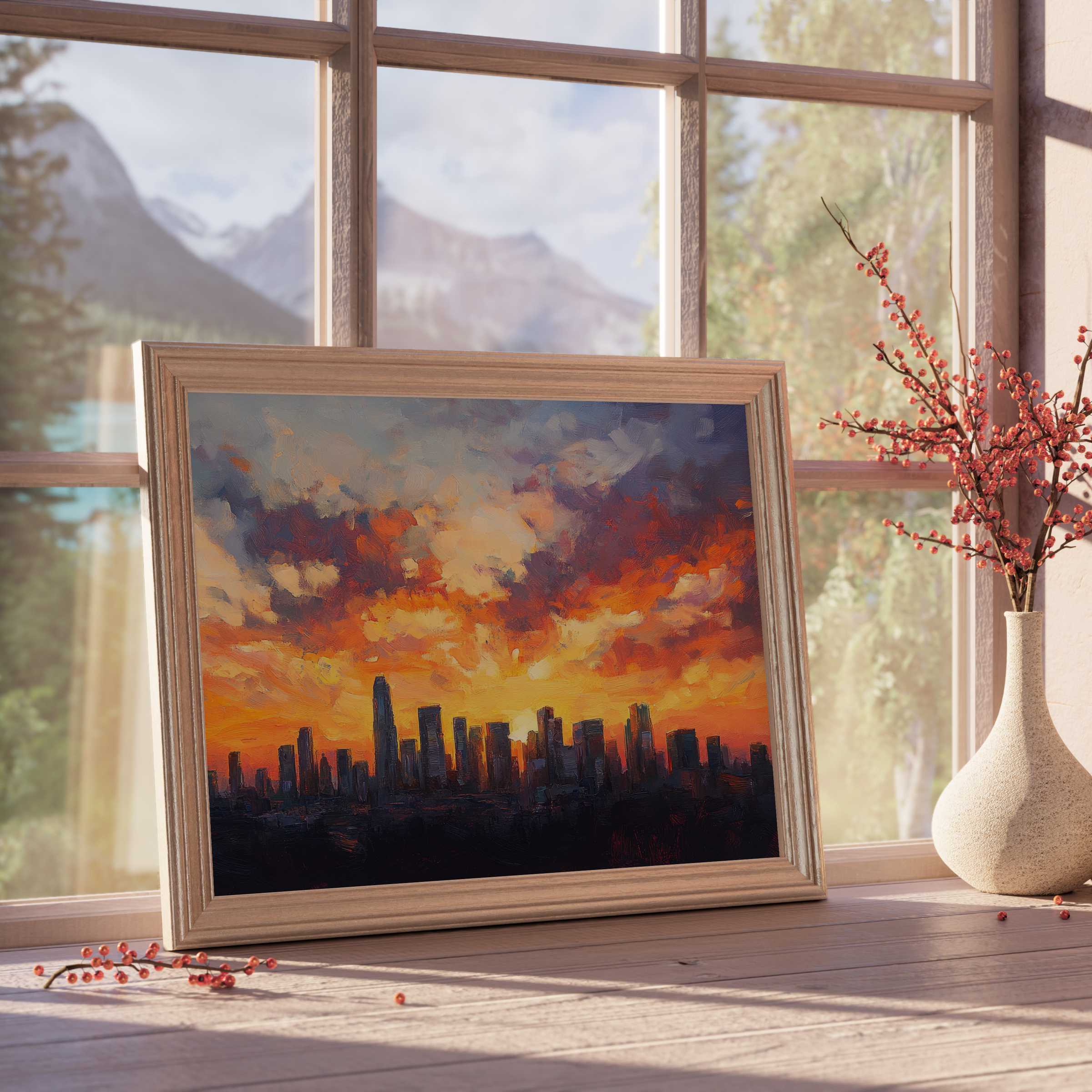 Urban downloadable art capturing a vibrant sunset skyline, infusing serene warmth and dynamic energy into curated modern interiors