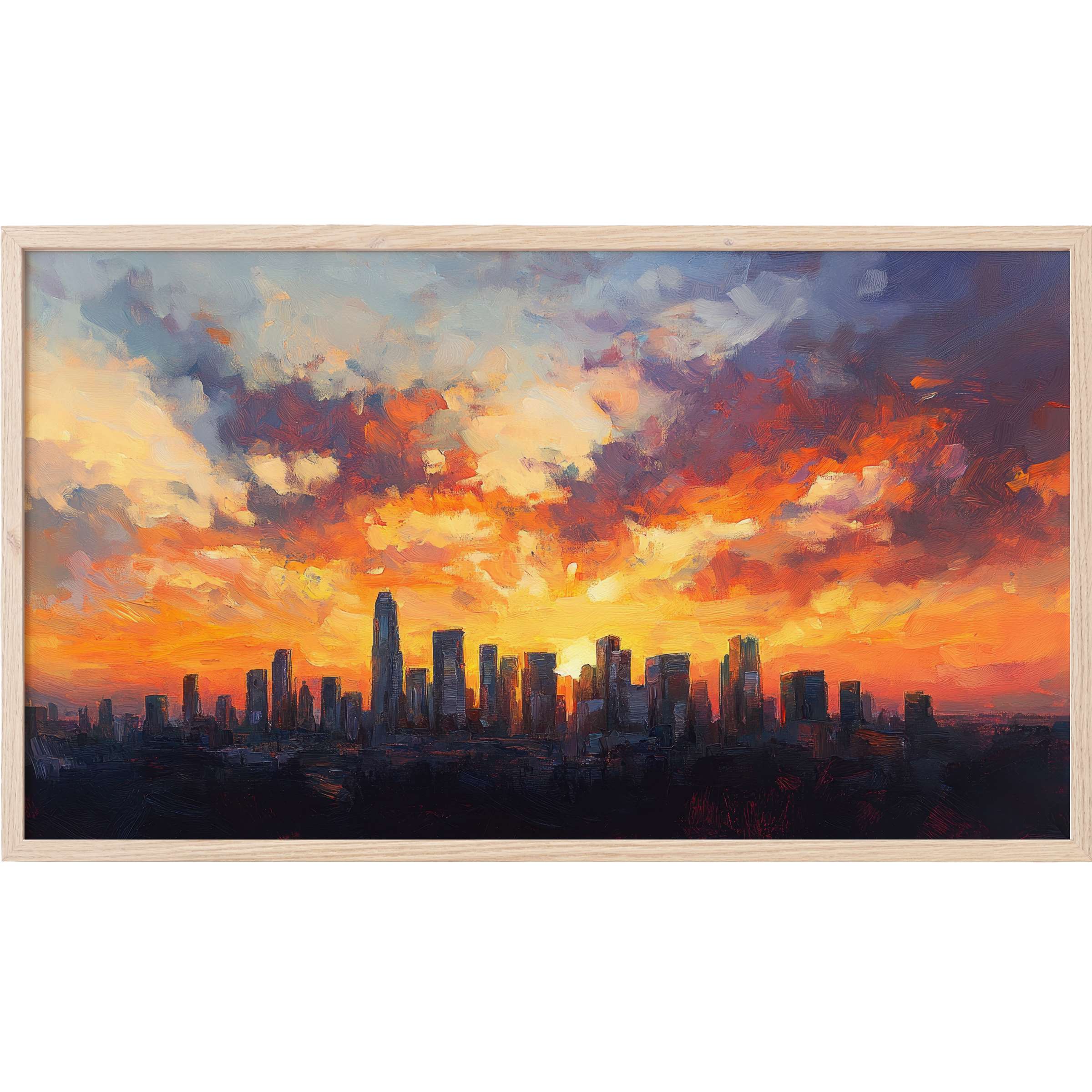 Urban skyline at vibrant sunset with rich orange, purple hues in textured brushstrokes, urban Frame TV Art