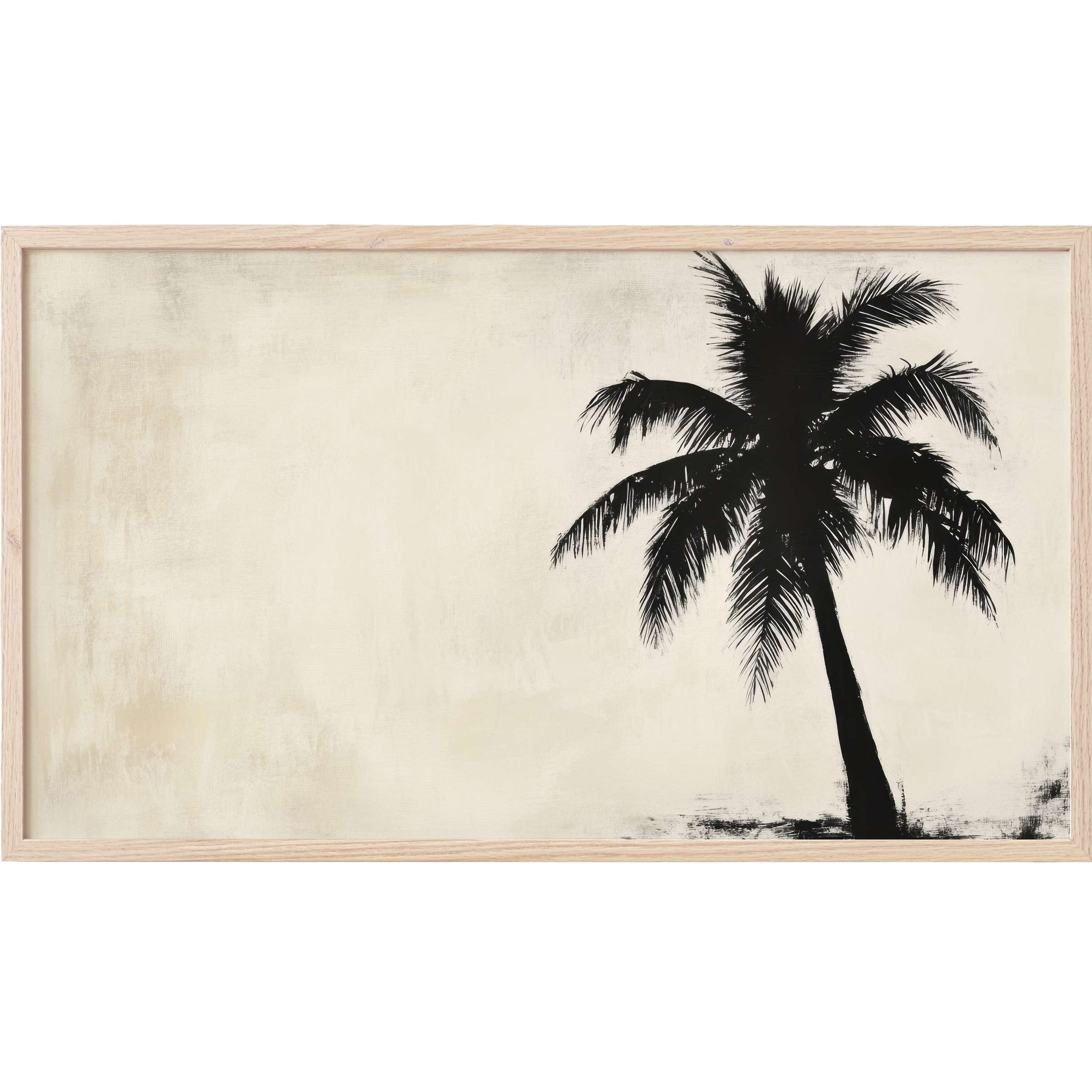 Minimalist black palm silhouette on textured beige background, framed with light wood - neutral Frame TV Art