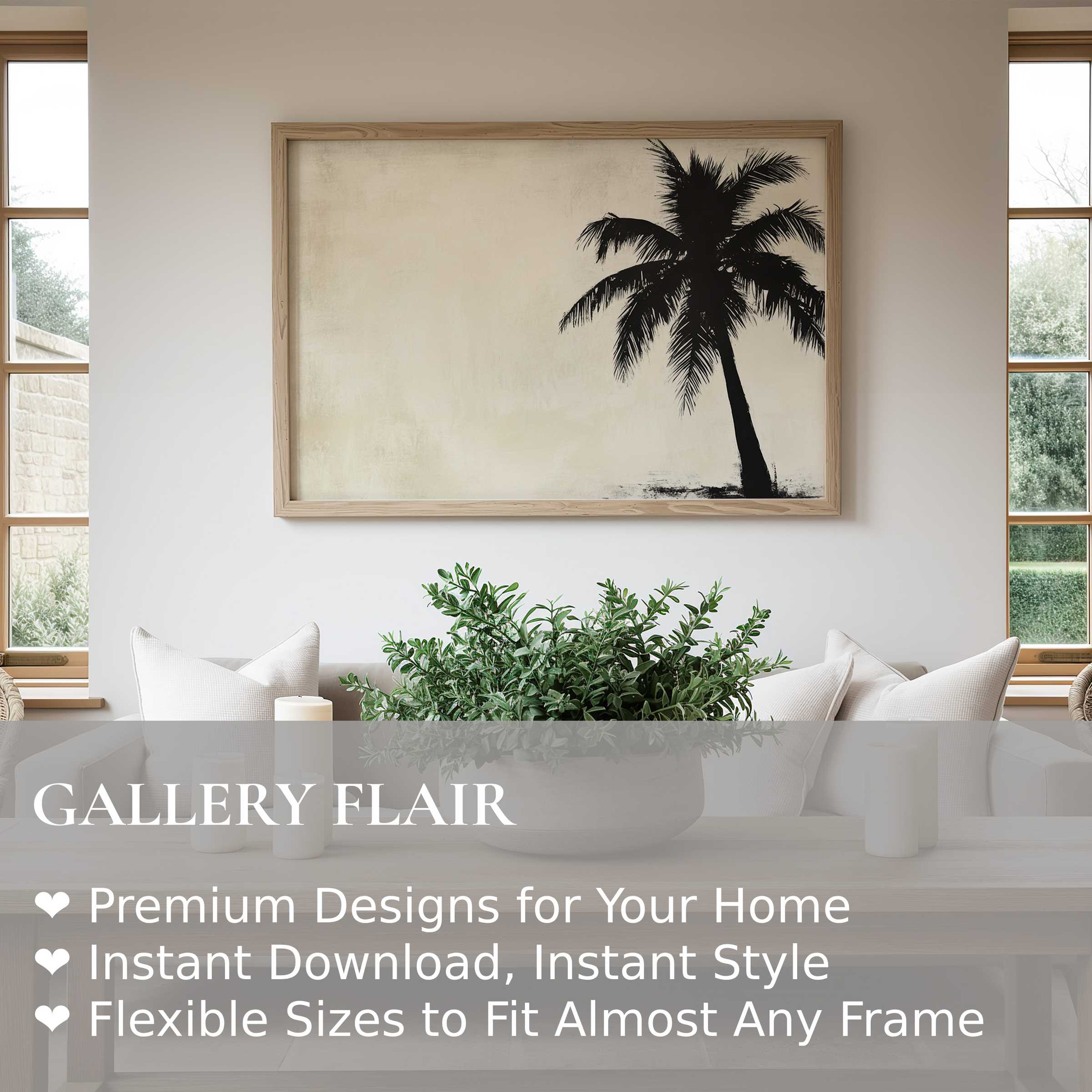 Neutral wall art print featuring a bold black palm silhouette, radiating calm sophistication in a modern minimalist interior Enhances serene living spaces with timeless coastal elegance